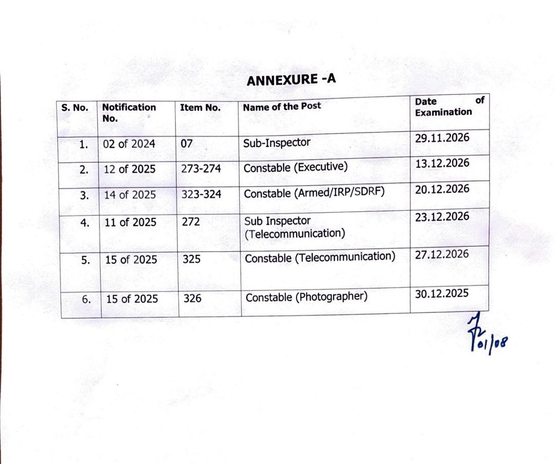 JKSSB2026's tweet photo. 🚨 JKSSB Exam Calendar Released! 🚨

The tentative examination schedule for various Police Department posts has been announced.

📅 Exam Schedule:

👮 Sub-Inspector (02/2024) – 29 November 2026

👮‍♂️ Constable (Executive) – 13 December 2026

🛡️ Constable (Armed/IRP/SDRF) – 20 December 2026

📡 Sub-Inspector (Telecommunication) – 23 December 2026

📞 Constable (Telecommunication) – 27 December 2026

📷 Constable (Photographer) – 30 December 2026 (The document appears to show "2025", which is likely a typographical error given the sequence.)

🔥 The countdown has begun. Stay focused, revise consistently, and practice with the latest statement-based pattern.

CHINAR CLASSES wishes all aspirants the very best. Your preparation today will decide your success tomorrow. 💯

#JKSSB
