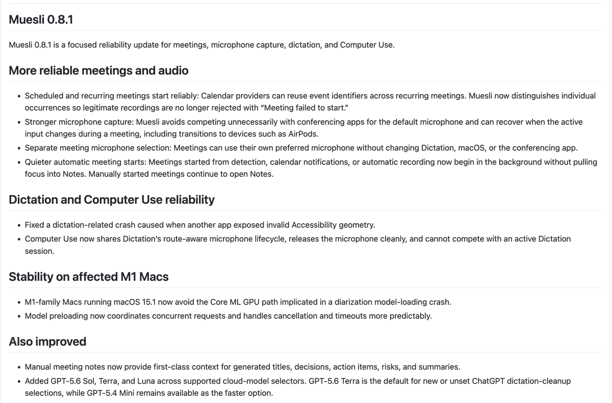 fastspeech2text's tweet photo. muesli v0.8.1 is out now for everyone to update on macOS!

plenty of reliability fixes have been shipped along with support for the latest class of GPT 5.6 models! https://t.co/YRVCtrjoYd