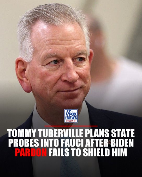 DorschLiv's tweet photo. BIDEN PARDON LOOPHOLE: Dr. Anthony Fauci invoked the Fifth Amendment 111 times at a Senate hearing Wednesday — but officials in Alabama and Florida say they don't care about his federal shield. They're coming for him at the state level.  Sen. Tommy Tuberville, the frontrunner for Alabama governor, told Fox News Digital he plans to drag Fauci to Montgomery to face state charges for the deaths of tens of thousands of Alabamians. Florida AG James Uthmeier confirmed his office is investigating "any and all potential violations of Florida law" tied to Fauci's COVID-era decisions.  The constitutional basis: Biden's pardon covers "offences against the United States" — federal crimes only. State-level accountability remains wide open.