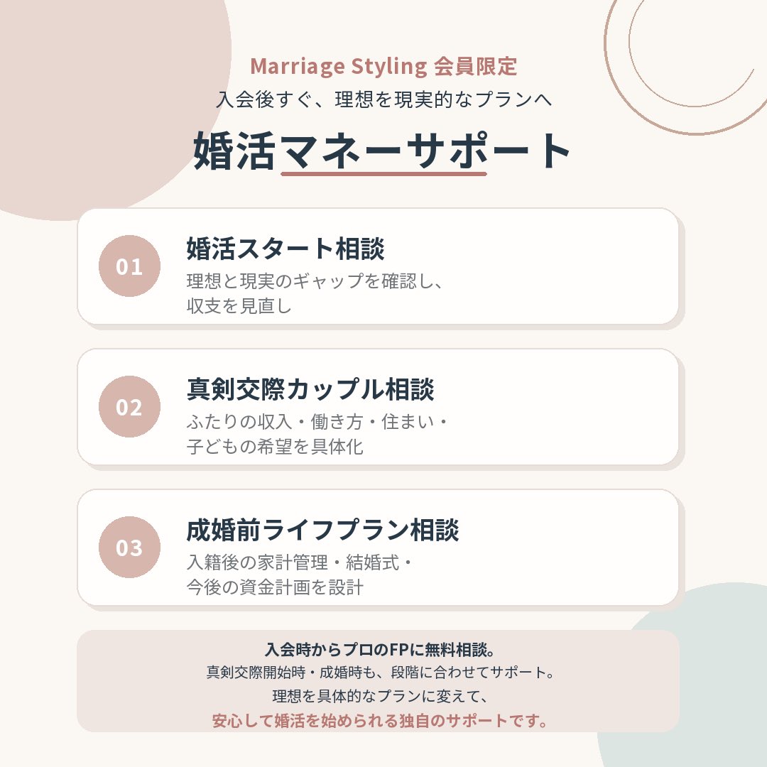 fu_rinrin718's tweet photo. FPによる無料婚活マネーサポートを開始しました

こんな方におすすめ
・結婚後のお金が不安
・共働きをどう考えるか迷っている
・子どもや住まいを見据えて婚活したい

3つのタイミングで無料相談
・入会時
・真剣交際時
・成婚退会時

外見・内面・未来をトータルサポート💍 https://t.co/UeNAjdUkl9