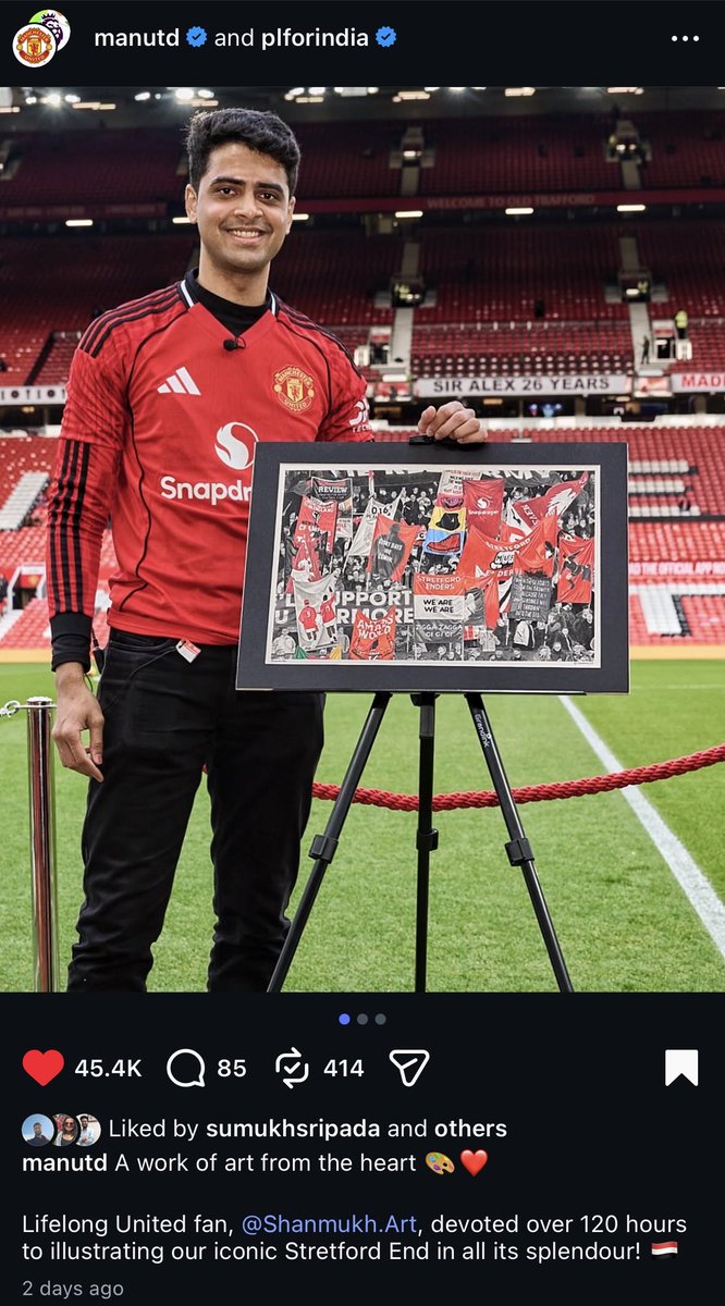 ShanmukhSripada's tweet photo. all my life I’ve wanted to step out onto the pitch at Old Trafford, and earlier this year - I got to present my artwork pitch-side at the Theatre of Dreams 🥹

never give up on your dreams ♥️

#MUFC https://t.co/rz20bhbnEF