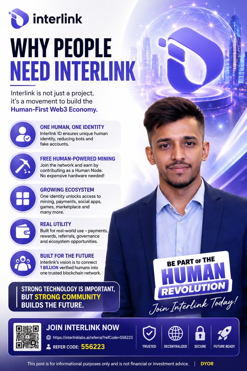 ArifAhmedITL's tweet photo. Why Do People Need InterLink? 🌍🔗

The future of Web3 isn't just about tokens—it's about real people, real identity, and real utility.

Here's why millions are paying attention to InterLink:

✅ One Human, One Identity – InterLink ID helps create a human-first ecosystem by verifying unique users, reducing fake accounts and bot abuse.

✅ Free Human-Powered Mining – Anyone can join the network, contribute as a Human Node, and participate without expensive mining equipment.

✅ Growing Ecosystem – A single identity unlocks access to mini-apps, payments, social platforms, developer tools, and other services built within the InterLink ecosystem.

✅ Real Utility – The ecosystem is designed around practical uses such as payments, rewards, referrals, governance plans, and access to ecosystem opportunities—not just speculation.

✅ Built for the Future – InterLink's vision is to connect 1 billion verified humans into one trusted blockchain network where people—not bots—create value.

The strongest blockchain isn't measured only by its technology—it's measured by the strength of its community.

🚀 Join the Human Network today:

🔗 Referral Link: https://t.co/5JnWm2D6Id

🎁 Referral Code: 556223

#Interlink #ITLG #ITL