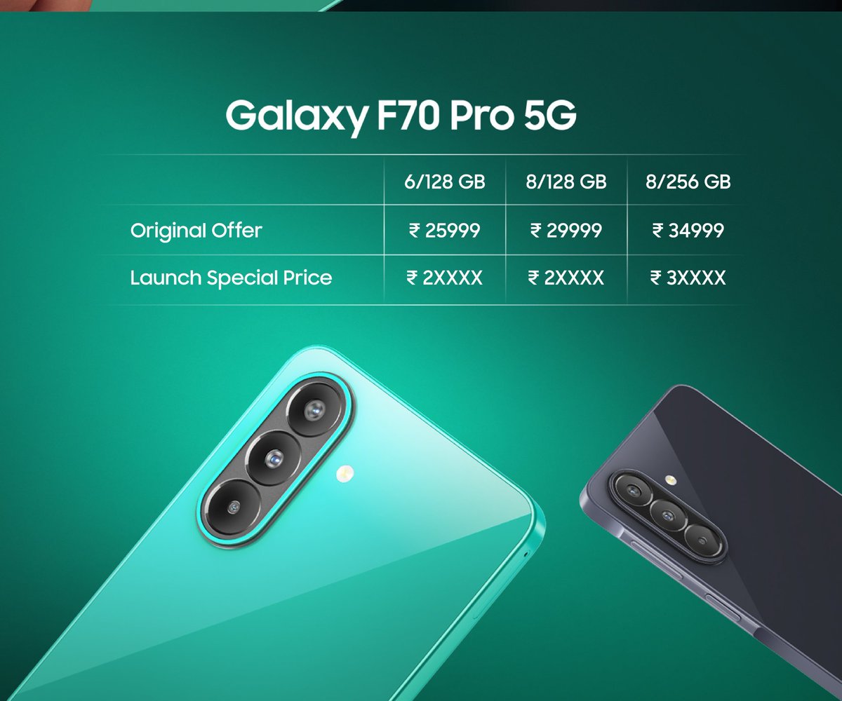 ADTechUpdates02's tweet photo. ✅ Officially confirmed : Galaxy F70 Pro will be priced below 25K on Flipkart 😍 

The price of Galaxy F70 Pro without offer is ₹25,999

It gets :
• 6.7" FHD+ 120Hz Amoled
• Premium Gorilla glass Victus+
• Knox security, Quick share
• Voice focus, Samsung wallet https://t.co/QAzbRUw1wj