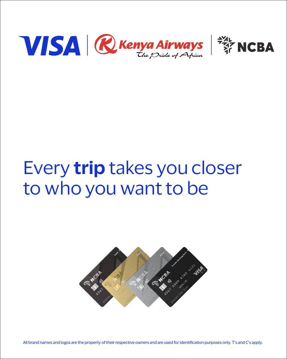 NCBABankKenya's tweet photo. Chase the Kenyan sunset! We believe in your dream travels. Use code VISAKQ on your NCBA Visa for 8% off your flight!
Book by 30 Sept 2026:https://t.co/yTSMTm7r6G
T&Cs apply.
#HapaNiWapi #TembeaKenya #PayWithVisa #KenyaAirways #Goforit #NCBATwendeMbele https://t.co/uJ5cB00HU3