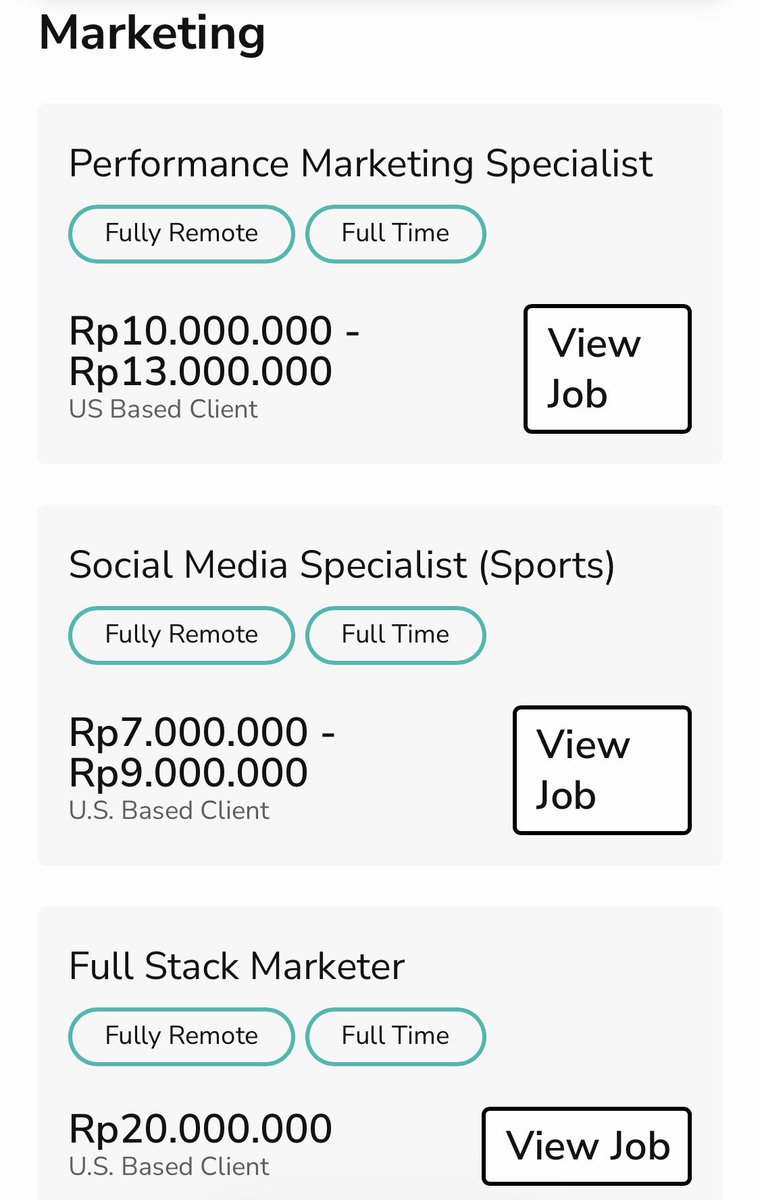 callme_jeyi's tweet photo. Happy sunday teman teman pencari kerja remote!

Aku izin sharing beberapa lowongan kerja remote

Creative (handle US Client)
1. Video Editor
Full time
Range Salary: 6-8 Juta
2. Graphic Designer 
Full time
Range Salary: 6 Juta

Marketing (Handle US Client)
1. Performance Marketing Specialist
Full Time
Range Salary: 10-13 Juta
2. Social Media Specialist (Sports)
Full Time
Range Salary: 7-9 Juta
3. Full Stack Marketer
Full Time
Range Salary: 20 Juta
4. Social Media Marketing Intern 
Internship
Range Salary: 4 Juta

Finance (all handle US Client + Full Time employment)
1. Accounts Receivable Specialist
Range Salary: 4-5 Juta
2. Accounts Payable
Range Salary: 7 Juta
3. Accounts Receivable
Range Salary: 7 Juta

Human Resources
1. HR Intern
Internship 
Range Salary: 4 Juta
2. HR Field Compliance Coordinator
Full Time
Range Salary: 6 Juta

Beberapa divisi lain aku share di bawah ya