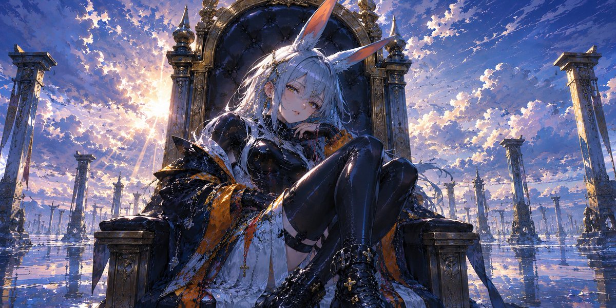 CuriousOne_01's tweet photo. Prompt to Share.
Copy the prompt and send it to an image generating AI (ChatGPT is recommended) together with an image of an original female character.
Note: If you use a character with an existing background, the generated image may be influenced by that background. This prompt does not yet explicitly lock the image to the suggested background.
===
Prompt
Use the provided reference image as the absolute and exact source for the character. Preserve the character's face, facial features, eyes, hairstyle, hair accessories, outfit, materials, colors, body proportions, silhouette, and every identifying design detail exactly as shown in the reference image. Do not redesign, simplify, replace, add, or remove any character elements.
A curled, compact seated pose inside a large throne, with the character reclining diagonally across the cushioned seat. Both knees are raised and drawn close toward the torso, while the legs overlap across the front of the chair. One arm bends inward with the hand resting near the neck and collarbone, while the other arm lies close against the body. Her head tilts heavily to one side, resting near the raised knee, as she looks directly toward the viewer with an intense, mysterious expression.
A vertical medium-full fashion composition captured from a slightly low frontal three-quarter angle. The camera is positioned around upper-thigh height and tilted subtly upward, emphasizing the hips, waist, raised arms. The character occupies nearly the entire frame, with the upper legs cropped near the bottom and enough space retained above the ears. The gentle perspective enhances the curved silhouette without creating heavy distortion.
Position the camera slightly above the water level, using a wide-angle view looking diagonally across the entire reflective tidal flat. Let the worship pillars create a visual rhythm leading from the foreground to the background, with a low horizon so the sky and clouds occupy much of the frame. Cinematic premium modern anime key visual, high-end studio anime with refined hand-painted cel-shading and elegant linework. Keep original subject, composition, mood and actions unchanged. Rich color separation, vibrant controlled palette, polished lighting with soft rim lights, volumetric rays, bloom, atmospheric depth and dramatic contrast. Strong cinematic composition, clear visual hierarchy, powerful silhouettes and subject-background separation. Emotional immersive anime atmosphere, professional studio quality, masterpiece. AR 2:1
===