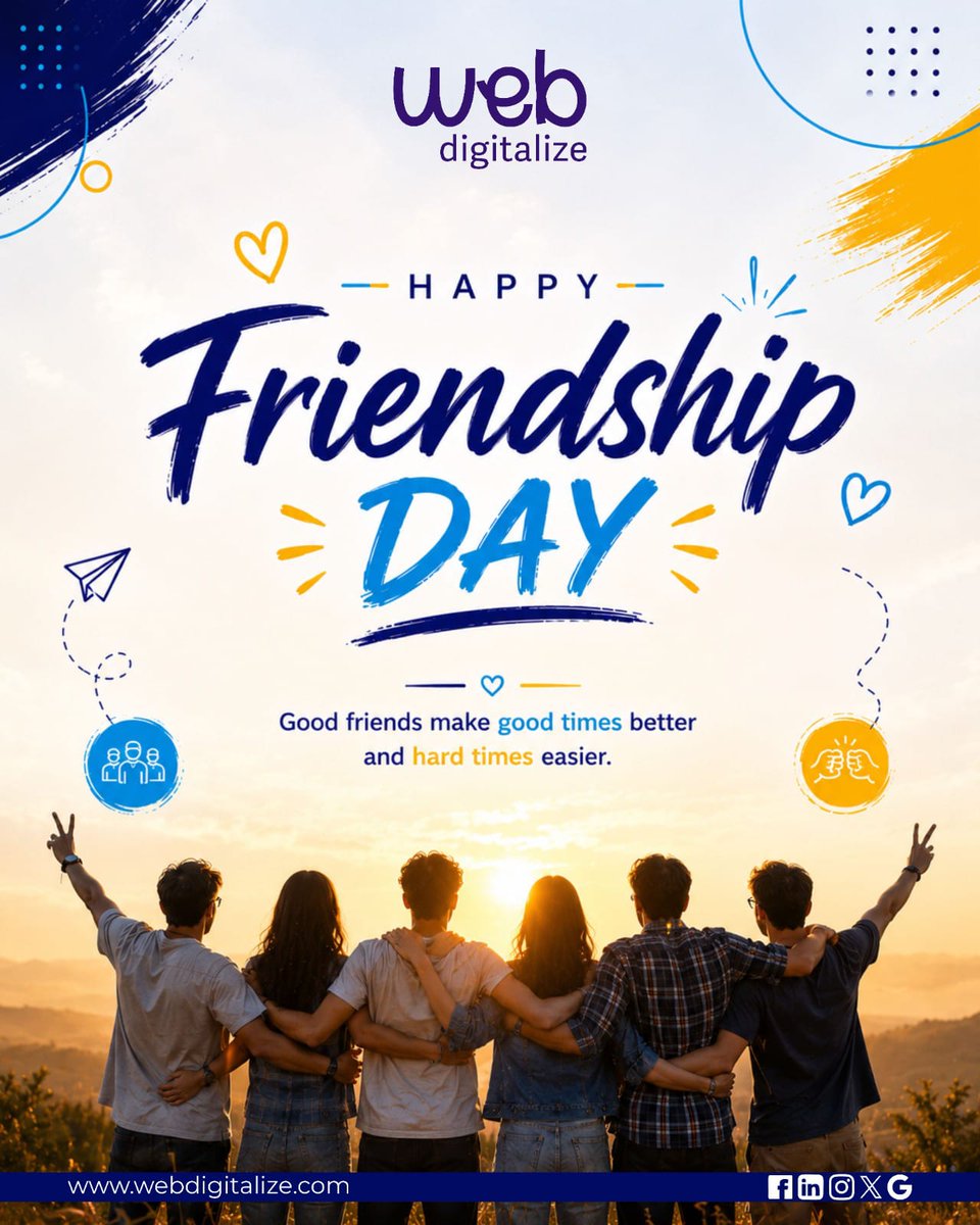 WebDigitalize's tweet photo. True friendship is one of life's greatest treasures. 💙
The best friends celebrate your victories, support you through challenges, and turn ordinary moments into unforgettable memories.
Happy Friendship Day! 🤝✨

#webdigitalize #HappyFriendshipDay #FriendshipDay #FriendsForever https://t.co/LaunwenLR4
