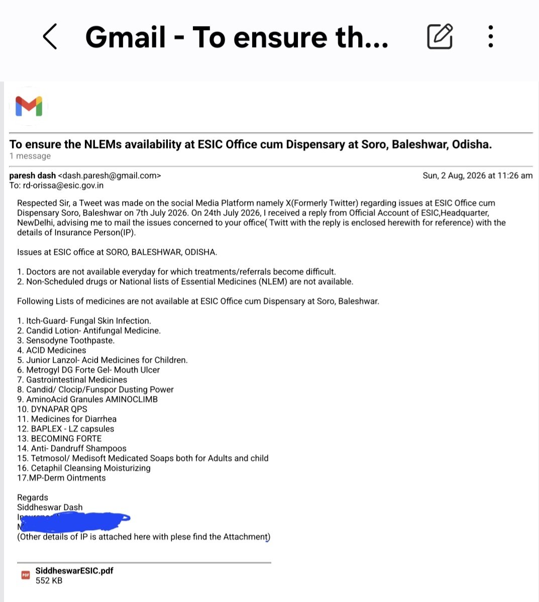 Pareshdashpd's tweet photo. @esichq @LESIOdisha @CMO_Odisha @LabourOdisha E mail has been sent. Please take appropriate action at your end. https://t.co/ldXPljm3zJ