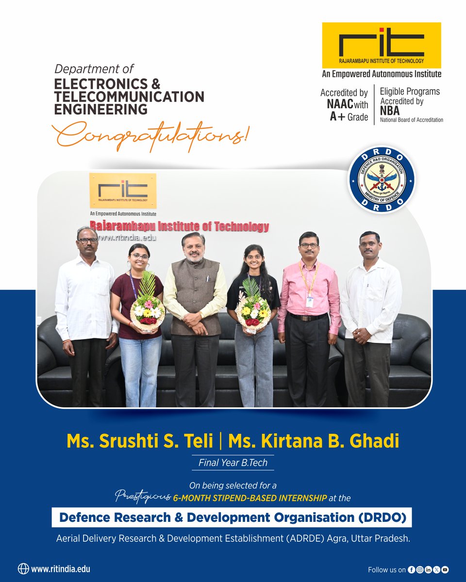 ritindia1983's tweet photo. Proud Moment for #RIT! Congratulations to Ms. Srushti S. Teli & Ms. Kirtana B. Ghadi (Final Year https://t.co/jQq9400LSP., E&TC) on securing a prestigious 6-month stipend-based internship at DRDO–ADRDE, Agra. 🇮🇳#DRDO #ADRDE #InternshipSuccess #StudentAchievement #ENTC https://t.co/lSvjuBKKpv