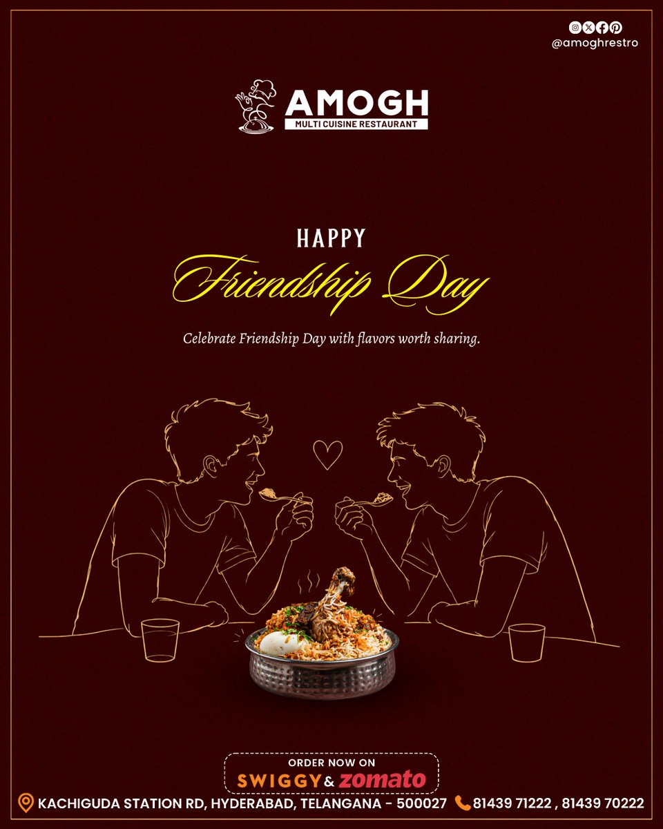 amoghrestro's tweet photo. ❤️ Happy Friendship Day!

Celebrate friendship over delicious food at Amogh Multi Cuisine Restaurant.

🍛 Great Food. Great Friends. Great Memories.

📍 Kachiguda, Hyderabad
🛵 Swiggy &amp; Zomato
📞 81439 71222 | 81439 70222
#HappyFriendshipDay #AmoghRestaurant #FoodWithFriends https://t.co/h1EsXWHA6T
