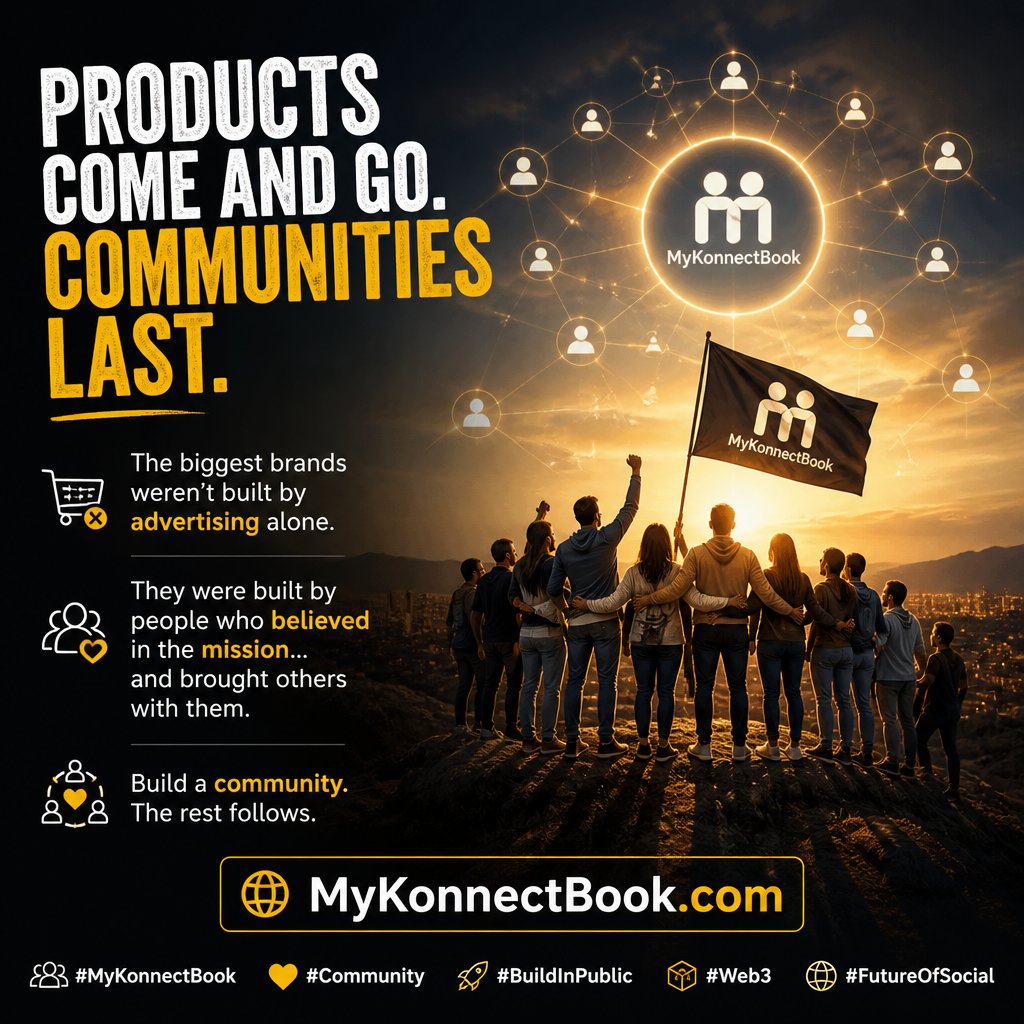 mykonnectbook's tweet photo. Products come and go.

Communities last.

The biggest brands weren't built by advertising alone.

They were built by people who believed in the mission... and brought others with them.

Build a community.

The rest follows.

https://t.co/F3dcJ5LsxO https://t.co/povxzoKCcF