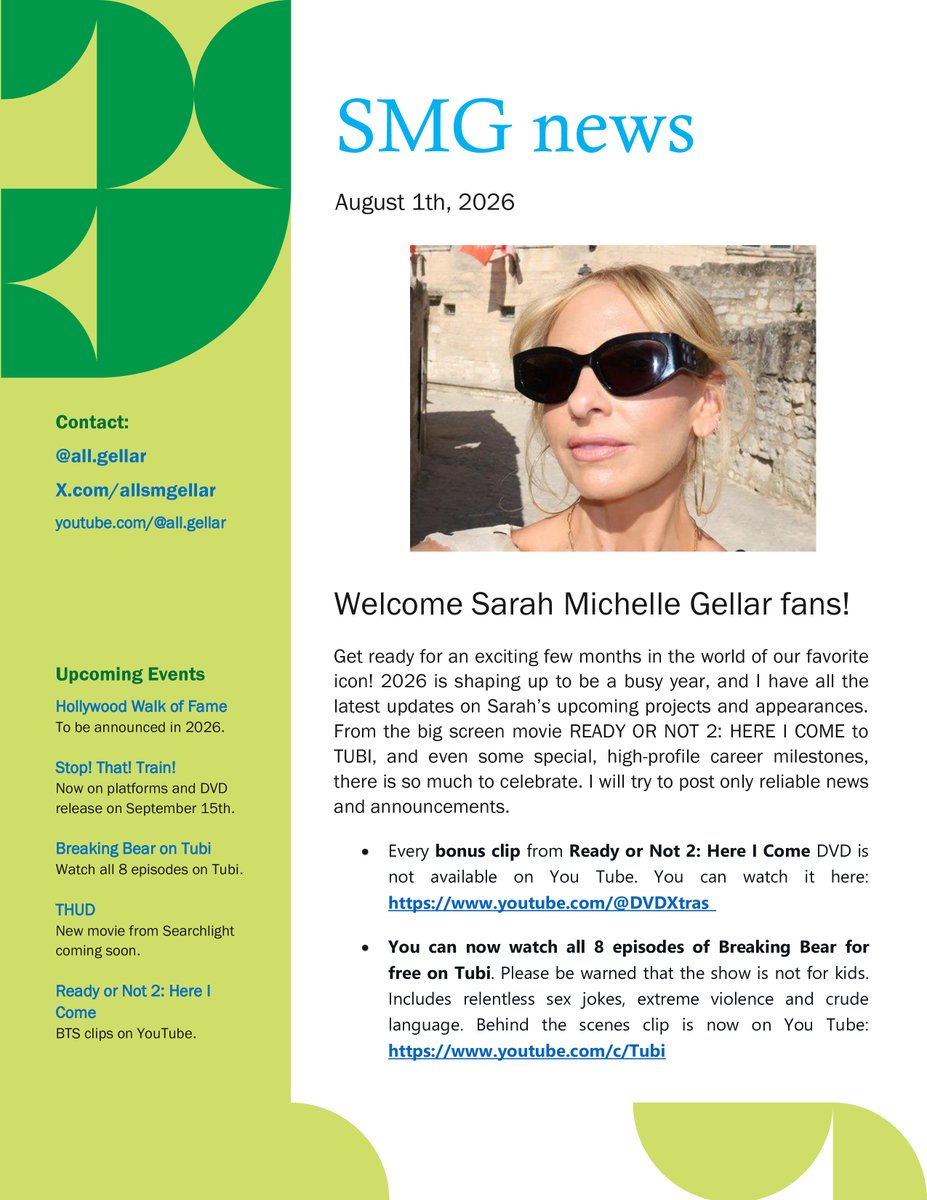 allsmgellar's tweet photo. Welcome to my Sarah Michelle Gellar newsletter!
August starting exciting! Sending love to all fans. Thank you for support!
#sarahmichellegellar #buffythevampireslayer #thudmovie #breakingbear https://t.co/2aUxSuFkB5