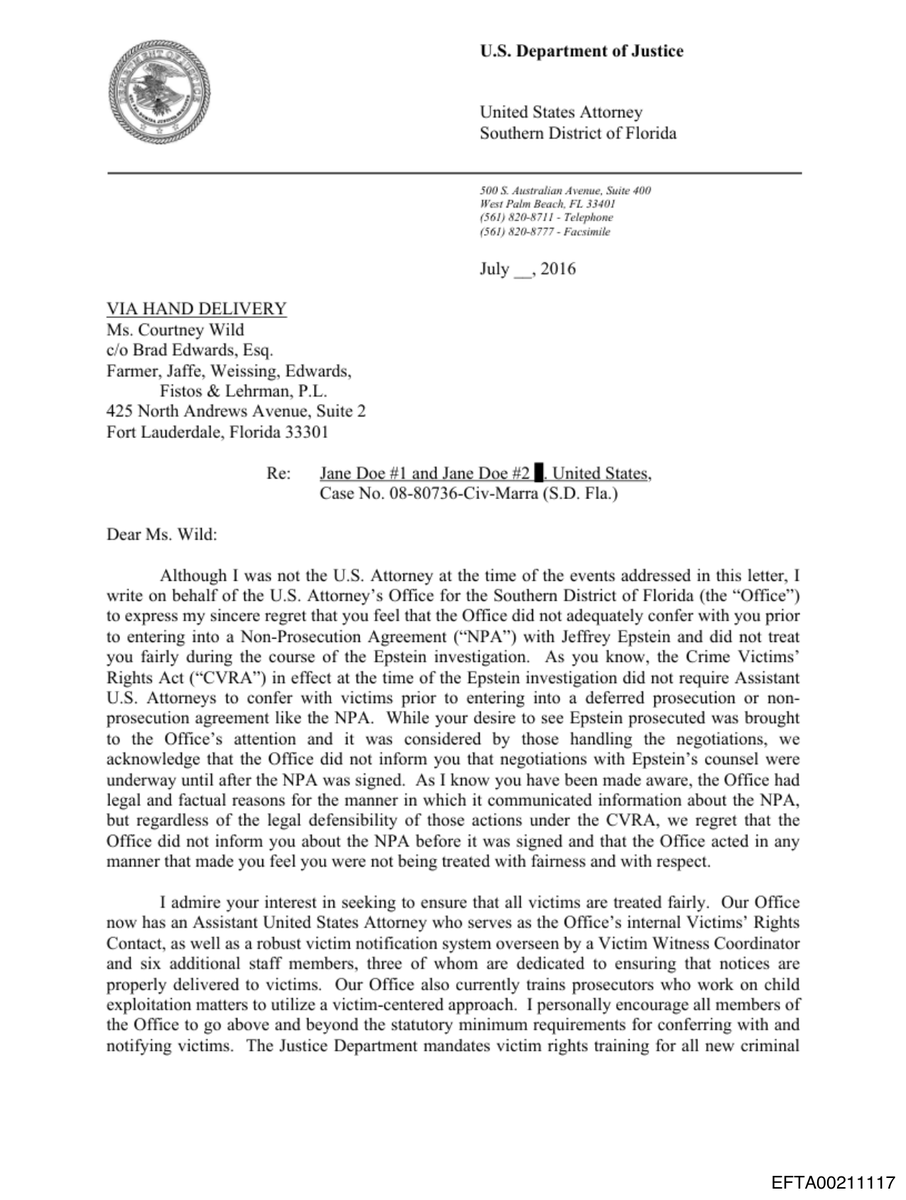 epsteinsearchin's tweet photo. Courtney Wild, an Epstein victim, got a hand-delivered letter from the U.S. Attorney for South Florida in July 2016.

It admits the office never told her that negotiations with Epstein's lawyers were underway until after the non-prosecution agreement was signed. https://t.co/RxKnnp4q0O
