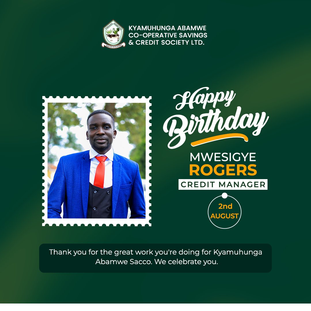 AbamweSacco's tweet photo. Today we celebrate,  our Credit manager,  @rogerxavier92 . Thank you for the great work and sacrifice you have done for @AbamweSacco .
May God bless you in your new year ✨️ 🙏. 
#savefordevelopment
#birthday https://t.co/TPLyMShbGd