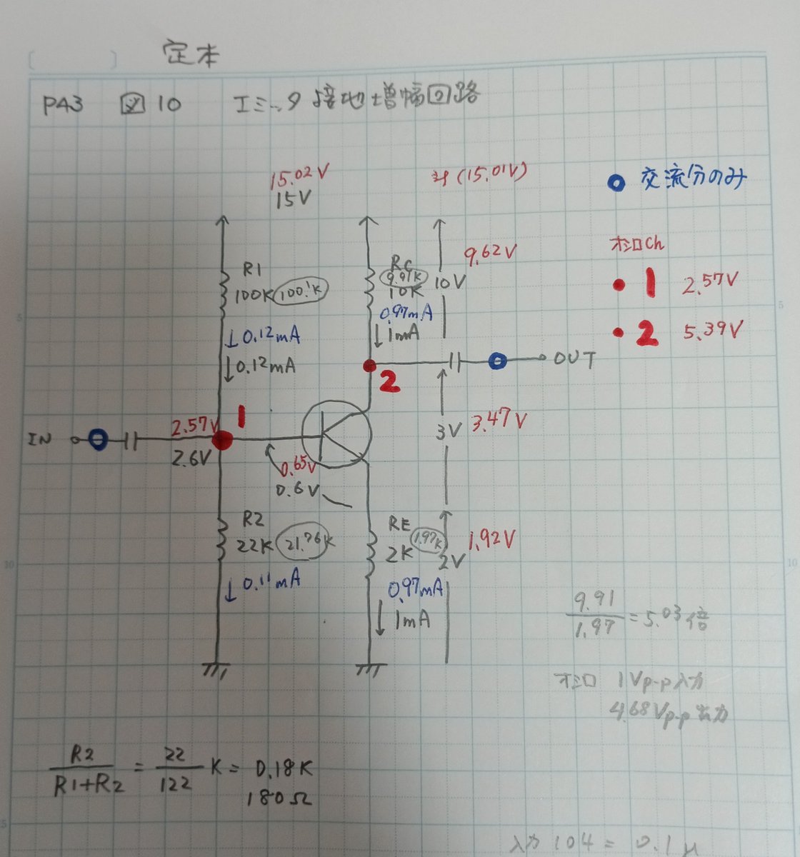 kumanopooh333's tweet photo. 同じ回路でもプローブの位置で波形の位置が変わる。1枚目の画像は回路図の青点、2枚目は赤点の波形。コンデンサの外か内か。違いが分かったかな？
1枚目は完全な交流なのですが、2枚目はベースとコレクタの直流電位に正弦波が乗っています。以前テスターで測りました。オシロで見ると分かりやすい。 https://t.co/IU2Tyvkb2S