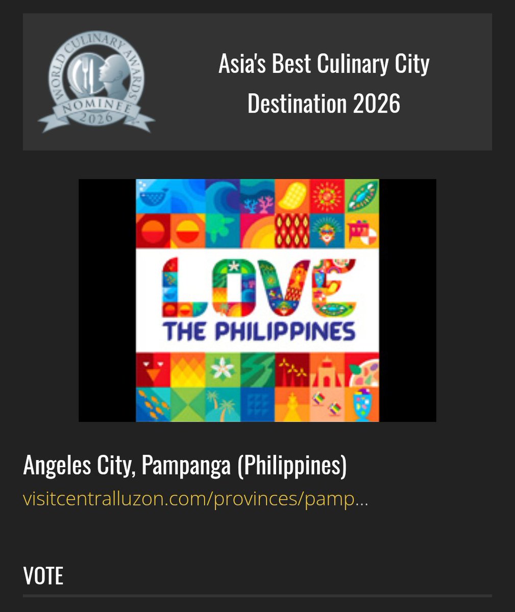 tagwarriorsph's tweet photo. A'TIN! NINANG @TourismPHL need our help. 

Vote for: 
𝗔𝗻𝗴𝗲𝗹𝗲𝘀 𝗖𝗶𝘁𝘆 𝗮𝘀 𝗔𝘀𝗶𝗮'𝘀 𝗕𝗲𝘀𝘁 𝗖𝘂𝗹𝗶𝗻𝗮𝗿𝘆 𝗖𝗶𝘁𝘆 𝗗𝗲𝘀𝘁𝗶𝗻𝗮𝘁𝗶𝗼𝗻  https://t.co/qY2bZGRC9v

@SB19Official #SB19 https://t.co/r2LcyVtond