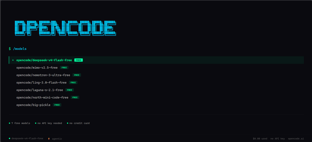 OpenCode's model picker showing DeepSeek V4 Flash and other free built-in models inside the terminal