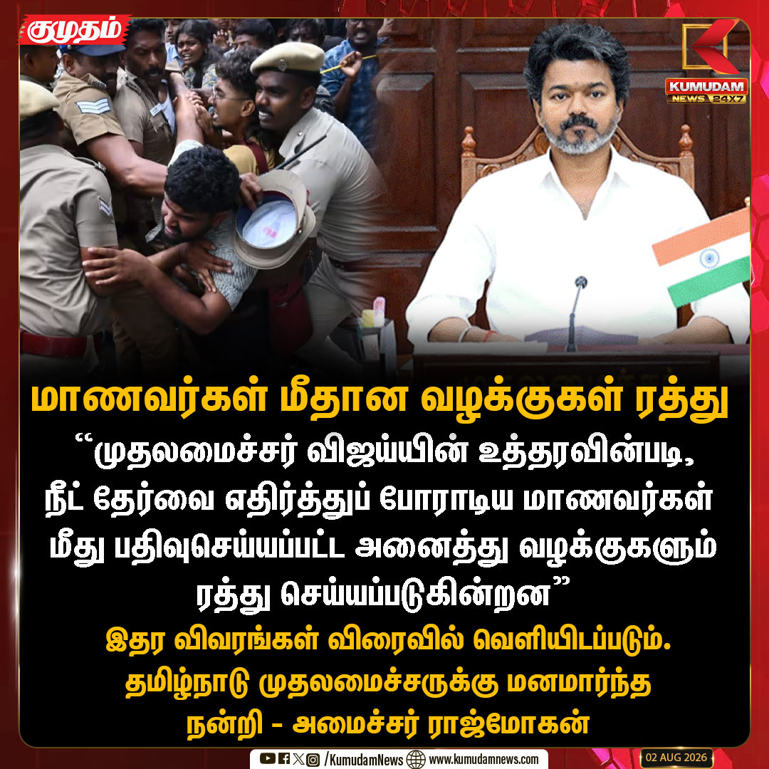 kumudamNews24x7's tweet photo. நீட் எதிர்ப்புப் போராட்டம்: மாணவர்கள் மீதான அனைத்து வழக்குகளும் ரத்து
#NEETExams | #CasesWithdrawn | #StudentsProtest | #CMVijay | #Rajmohan | #KumudamNews | #TNNews | #TNPolitics | #Kumudamnews24x7
For more news: https://t.co/RTY7GRleNU
For live updates: https://t.co/9dH2RZn1BH