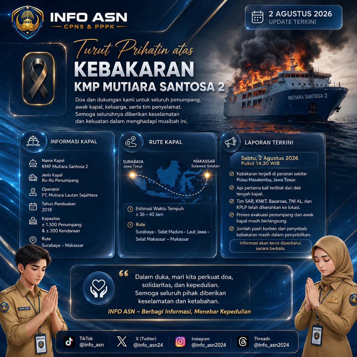 Info_ASN24's tweet photo. Turut berduka atas musibah kebakaran KMP Mutiara Santosa 2. Semoga seluruh penumpang, awak kapal, dan tim penyelamat diberi keselamatan, kekuatan, serta kelancaran proses evakuasi. Mari doakan yang terbaik. 🙏
#KMPMutiaraSantosa2 #InfoASN #PrayForIndonesia #BreakingNews https://t.co/Vzm4wbkv2R