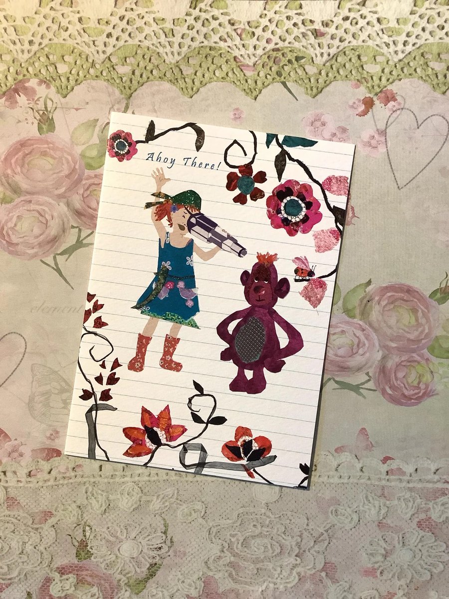 WatsonsVintage's tweet photo. NEW LISTING and only 3 available at just £3.50 each (+P&P)!!! Toto & Tots Ahoy There! Card - Glittery Red-Haired Girl and her pal Toto the Monkey Design - Blank Inside - Fun Card To Keep, Frame or Send https://t.co/O8neDFGXoh via @Etsy #GreetingsCards #FriendCard #JustBecauseCard https://t.co/QLgKcYRhmZ