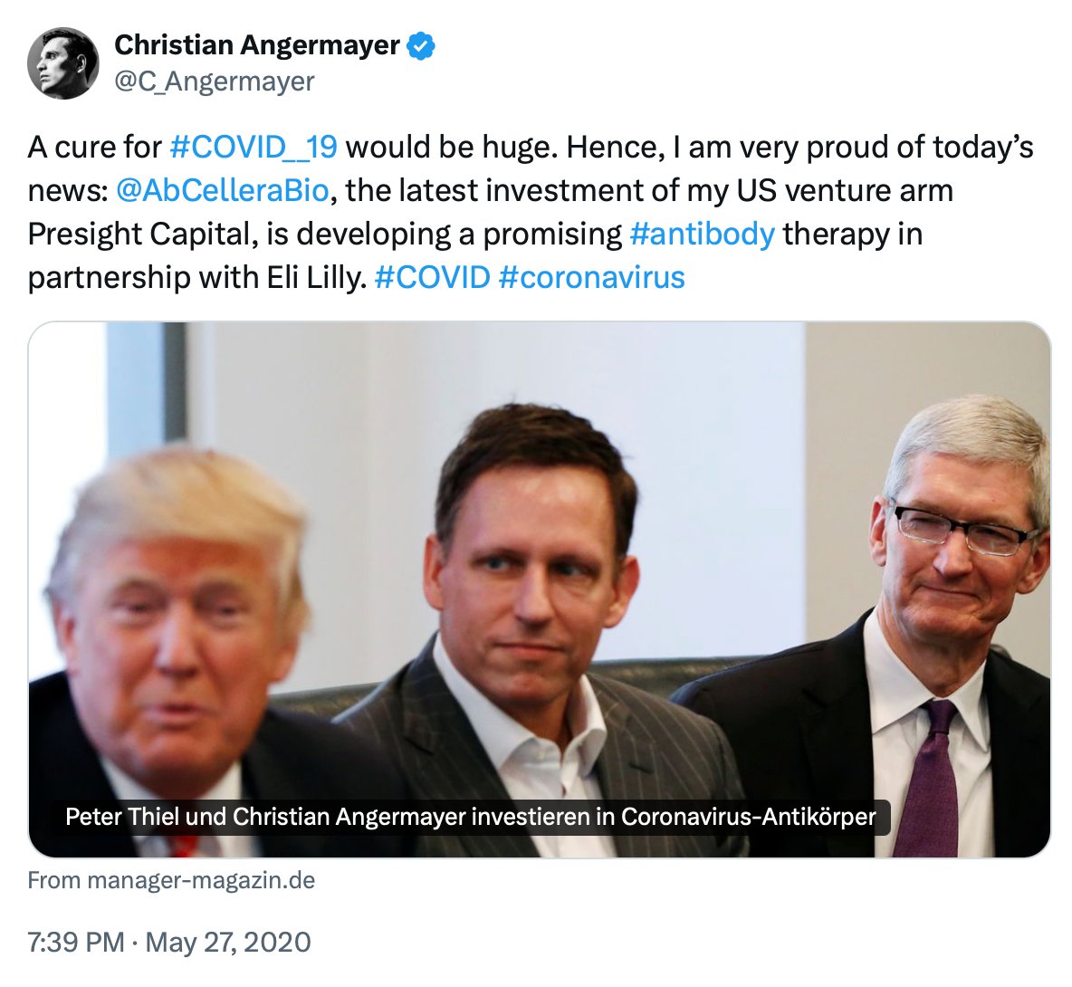 FrauHodl's tweet photo. Der Kreis schließt sich erneut.

Am 27. Mai 2020 bezeichnete Christian Angermayer AbCellera als das jüngste Investment seines US-Venturearms Presight Capital. 

Das Unternehmen entwickelte damals gemeinsam mit Eli Lilly eine COVID-19-Antikörpertherapie. Mitinvestor im Umfeld: Peter Thiel.

Bemerkenswert ist weniger ein einzelner Kontakt als die wiederkehrende Struktur: Kapital, Pharma und Pandemieplattformen treffen immer wieder an denselben Knoten zusammen.

Eli Lilly war nicht nur Entwicklungs- und Vermarktungspartner von AbCellera. Das Unternehmen war zuvor auch eine zentrale Station in der Karriere von Stéphane Bancel, bevor dieser über bioMérieux zu Moderna wechselte.

Das bedeutet nicht, dass Antikörpertechnologie und mRNA dieselbe Technologie sind. Es beweist auch keine zentrale Steuerung. Aber es zeigt ein enges institutionelles Ökosystem:

▪️ Eli Lilly → Bancel → Moderna
▪️ Angermayer / Presight → AbCellera → Eli Lilly
▪️ Thiel / Founders Fund → AbCellera

Die journalistisch relevante Frage lautet deshalb nicht, ob „alle unter einer Decke steckten“, sondern:

Wie früh waren Personal, Investoren, Pharmaunternehmen und pandemiefähige Plattformen miteinander verbunden – und wer wusste wann, welche Technologien im Ernstfall unmittelbar skalierbar waren?

Alles dreht sich im Kreis. Nur die Technologien wechseln.
