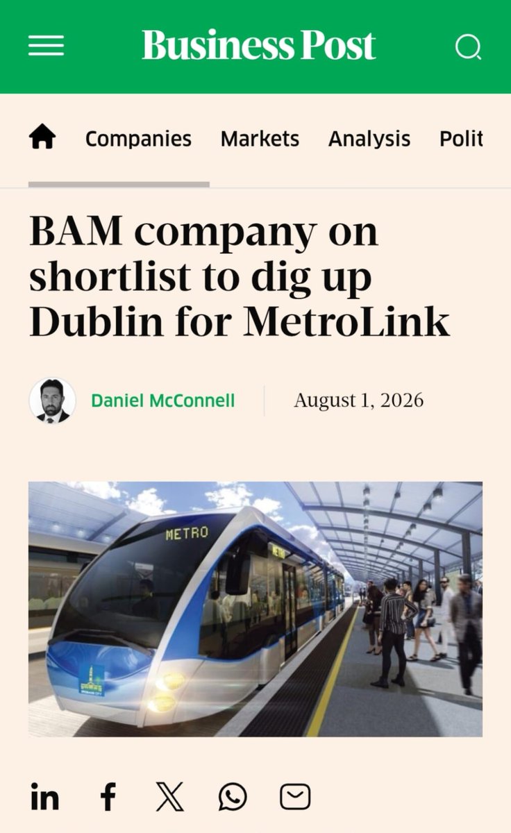 caulmick's tweet photo. A division of BAM, the Children’s Hospital developer, is part of a consortium shortlisted to undertake primary works for the long-awaited Metrolink project, the Business Post can reveal. 

While this division of BAM is separate to the entity involved with the controversial Children’s Hospital overruns and delays, the mere presence of the BAM name in the mix for the country’s largest ever project is likely to be deeply controversial.

#BAM #Metrolink #HowIrelandWorks 

https://t.co/Iqippk0VUk