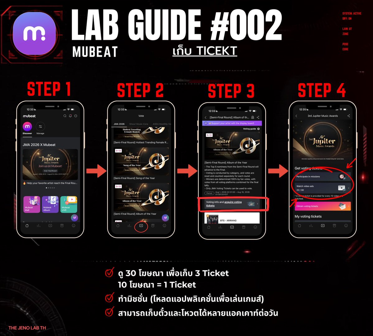JenoLab_TH's tweet photo. 🧪 LAB GUIDE #002 | MUBEAT

พร้อมแล้วสำหรับคู่มือ Mubeat ฉบับอัปเดต! 💜

คู่มือนี้แบ่งเป็น 2 ส่วน เพื่อให้ทำตามได้ง่ายค่ะ

🎟️ ภาพที่ 1 : วิธีเก็บ Voting Ticket
🗳️ ภาพที่ 2 : วิธีนำ Ticket ไปโหวต BOTHSIDES

ไม่เคยใช้แอปมาก่อนก็สามารถทำตามได้ทีละขั้นตอนค่ะ 🙌

📌 อย่าลืมใช้ Ticket ให้หมดก่อน 23:59 น. (เวลาไทย) ของทุกวัน

#JMA2026 #JENO #제노 #Mubeat