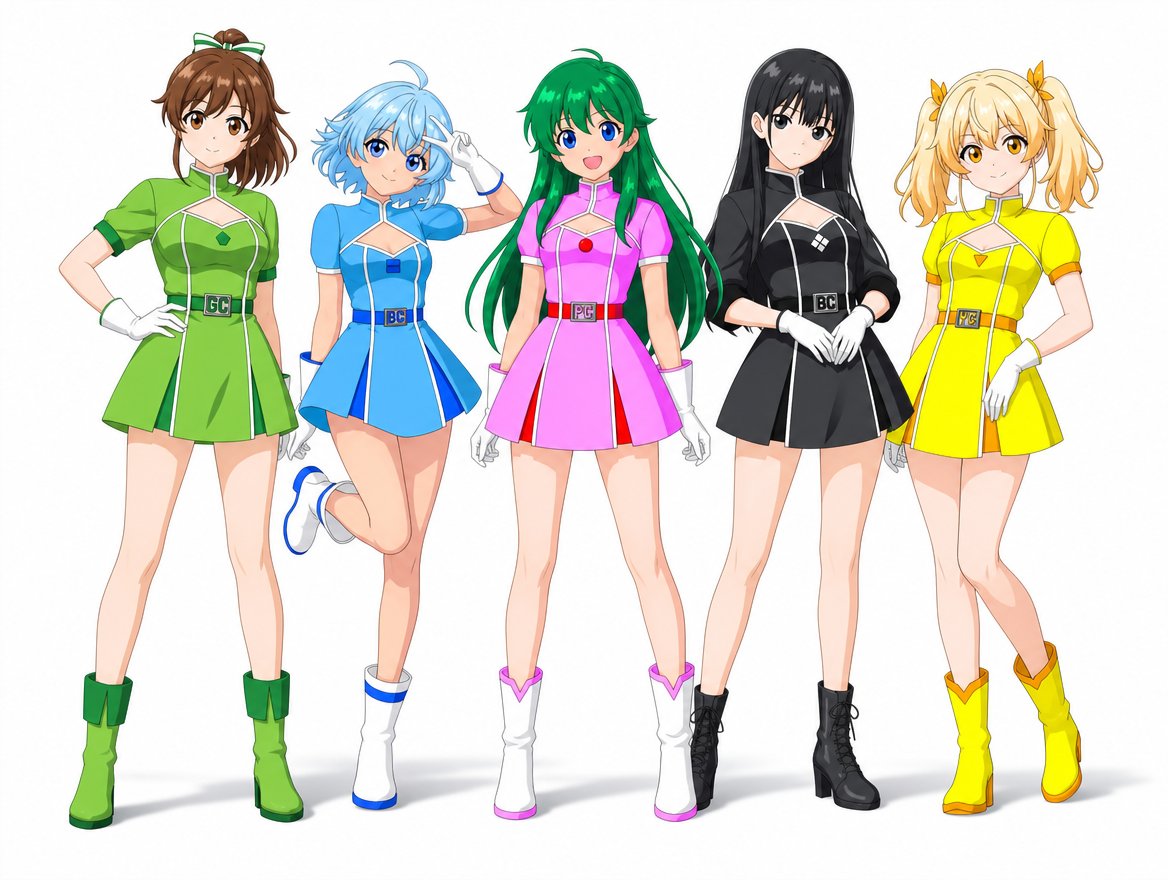 tomoyuki0506's tweet photo. @Atzetton007 
別のAI画像生成サイトで作成してみたキューディアンの集合絵。
全員がVサインしているのと、黒岩紗希（ブラック）がニッコリしているのにちょっと違和感が（笑）
#AI画像　#AIart https://t.co/kKWXRkMjEc