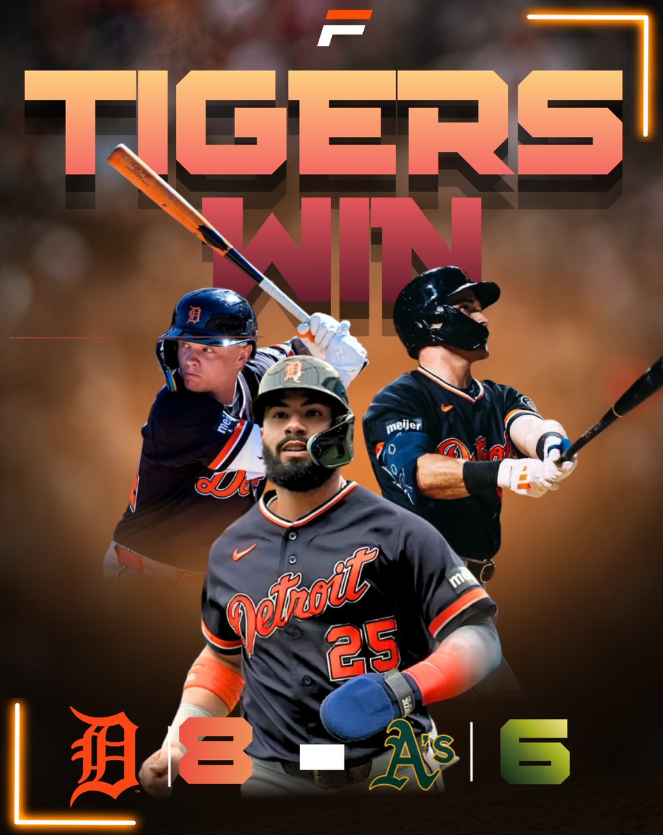 FPSportsMedia's tweet photo. McGonigle, Clark, Torres All Homer in Tigers' 8-6 Win Over the Athletics
#TigersWin #DetroitTigers #MaxClark #MLB #Baseball #TigersBaseball #FreneticPaceSports
Read Here:
https://t.co/A7xI2KHKRR https://t.co/NSVOxLNx2c
