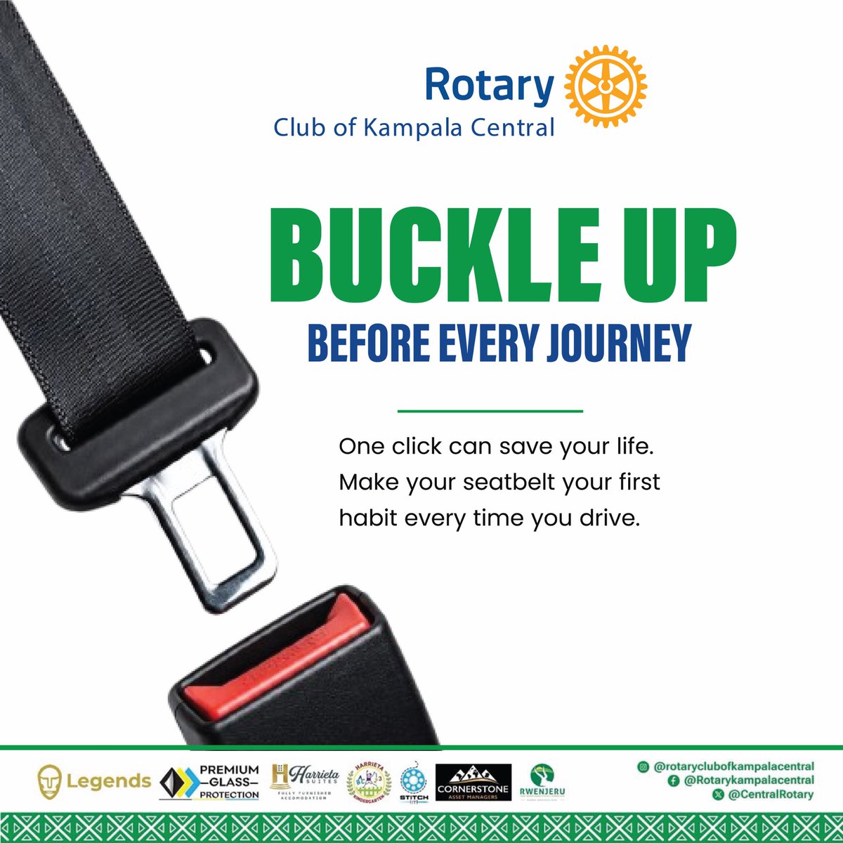 CentralRotary's tweet photo. Road crashes continue to claim lives on Uganda’s roads every day. Uganda Police reported that 26,044 crashes claimed over 5,300 lives in 2025 about 15 deaths every day. Let’s all do our part to reduce these numbers. 
Buckle up before every journey. One click can save a life.
#RotaryEyamba #RotaryKonyo