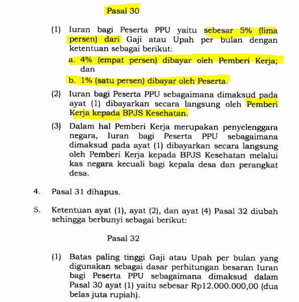 MenteriPekerja's tweet photo. Perusahaan mendaftarkan nominal gaji pekerja ke BPJS kesehatan sebesar Rp 6.000.000

berapa Iuran BPJS yg harus dibayarkan? 5% dari gaji. 4% dibayarkan perusahaan 1% dibayarkan pekerja.

Rp 6.000.000 x 4% = Rp 240.000
Ro 6.000.000 x 1% = Rp 60.000 
Total = 300.000

inget perusahaan itu punya kewajiban bayar 4% dari iuran BPJS kesehatan. Jangan sampai pekerja ga sadar dan pekerja dibebankan membayar seluruh iuran BPJS Kesehatan.