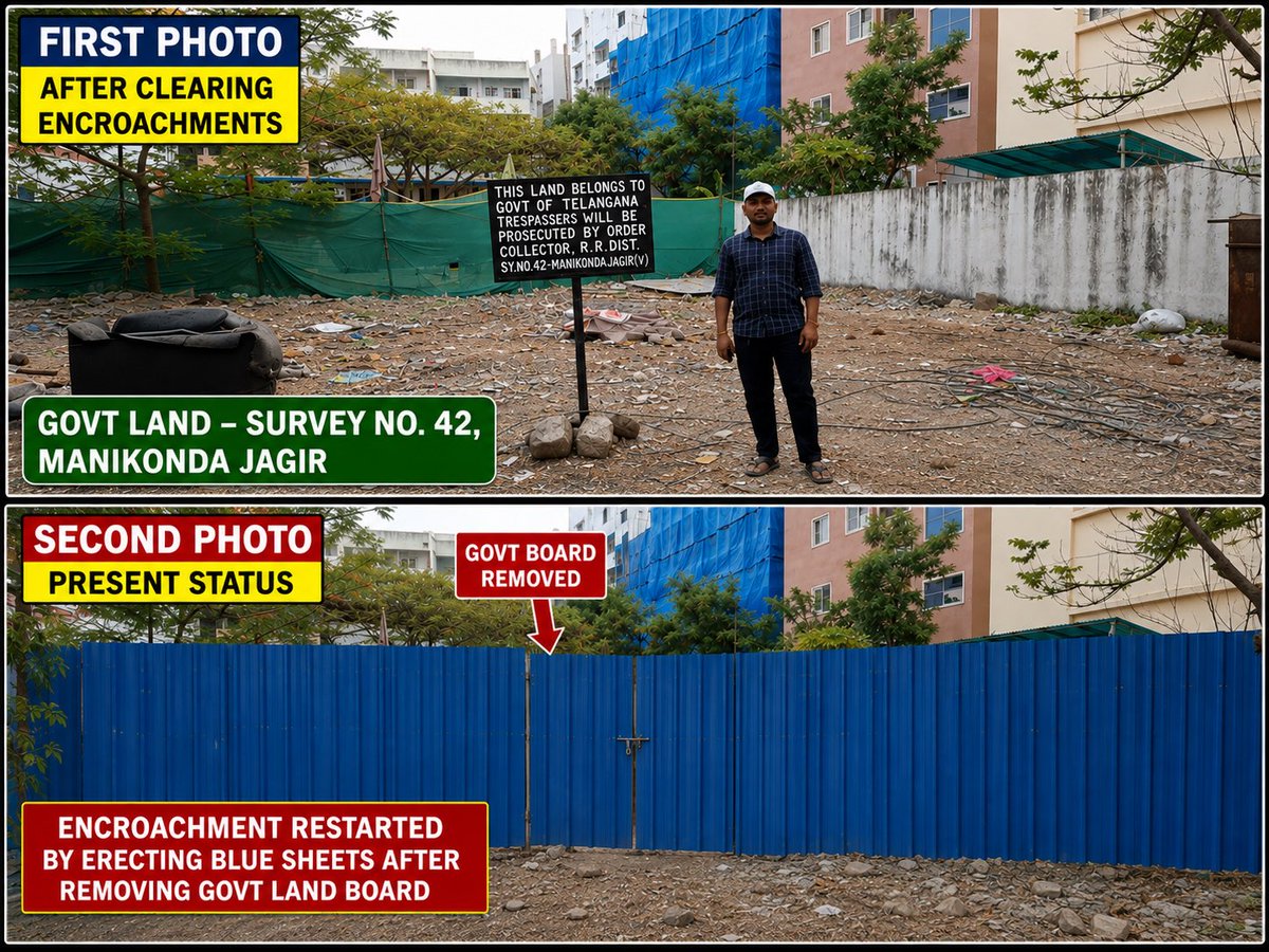 SitaramDhulipa1's tweet photo. Subject: Urgent Disciplinary Action and Criminal Proceedings to Protect Government Land in Survey No. 42, Manikonda Jagir

There is an urgent need to initiate disciplinary action against the #Tahsildar (MRO), Gandipet, the #Sub-Registrar, @TGRS_Dept , the concerned @Comm_HYDRAA officials, and the Municipal authorities of @CMC_Offcl @MC_Cyberabad for their failure to protect Government land in Survey No. 42, Manikonda Jagir.

Although encroachments on this land were removed a few months ago by the @DCNarsingi Deputy Commissioner, Narsingi, repeated requests to fence the land and install permanent Government ownership boards were ignored. As a result, a private builder has reportedly once again attempted to encroach upon the land by erecting blue-sheet barricades after removing the Government signboard.

The market value of this prime Government land is approximately ₹2.5 lakh per square yard. Failure to safeguard such a valuable public asset has exposed it to repeated encroachments, causing potential loss to the public exchequer.

A criminal case must be immediately registered against those responsible for removing the Government signboard and attempting to encroach upon Government land. Departmental action should also be initiated against:

The Tahsildar (MRO), Gandipet, for failing to secure the land.
The concerned HYDRAA officials, for not fencing the land after the eviction drive.
The Municipal officials, if any approvals have been granted on Government land.
The Sub-Registrar, IGRS, if Government land has been registered in favour of private parties without proper verification.

The Government is requested to immediately restore the Government signboard, erect permanent fencing, register criminal cases against the encroachers, and fix accountability on all negligent officials to prevent further loss of valuable Government land. @CollectorRRD #RDO Rajendra Nagar @TGVIGENFO @Shikhagoel_IPS @GummallaSrijana @jayesh_ranjan @ZC_SLP