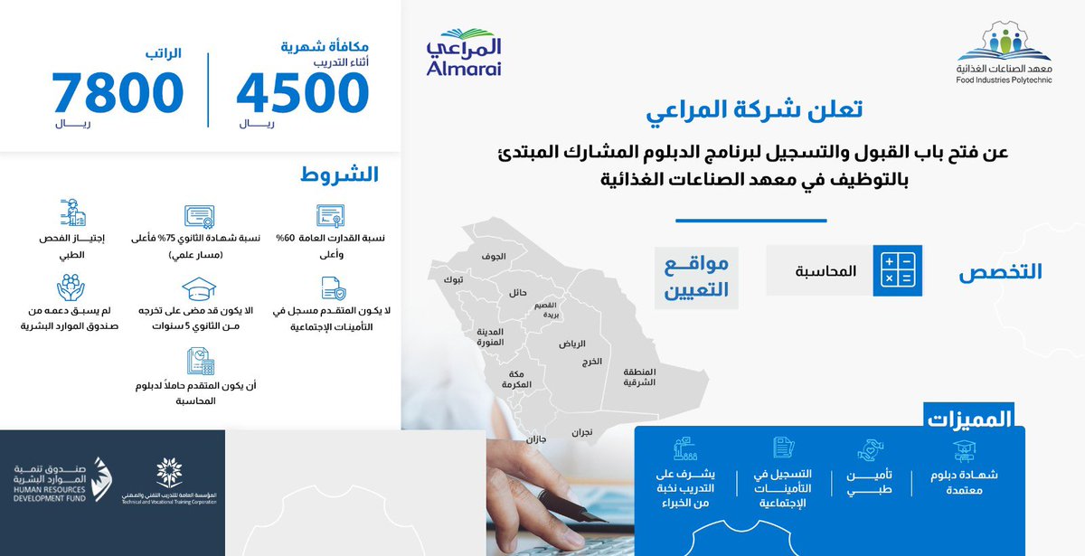 fip_edu's tweet photo. #تدريب_وتمكين |
    
شركة المراعي @almarai 
تعلن عن فتح باب القبول والتسجيل ببرامج الدبلوم المشارك المبتدئة بالتوظيف من خلال معهد الصناعات الغذائية في تخصص المحاسبة التقنية.   

ملاحظة|
( يشترط أن يكون المتقدم حاصل على دبلوم المحاسبة ) 
عبر الرابط التالي :

https://t.co/egBS8AP7gi

 #صنع_في_السعودية_بايد_سعودية
