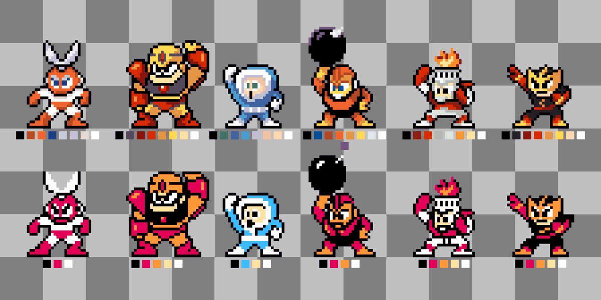 FireAce111's tweet photo. Ahora traemos el primero.
Bomb Man tiene un color extra por la bomba, del resto mantiene 8 colores. hasta algunos tienes los colores de ojos originales.
#megaman #megaman1 #pixelart https://t.co/7c6yjOFiVW