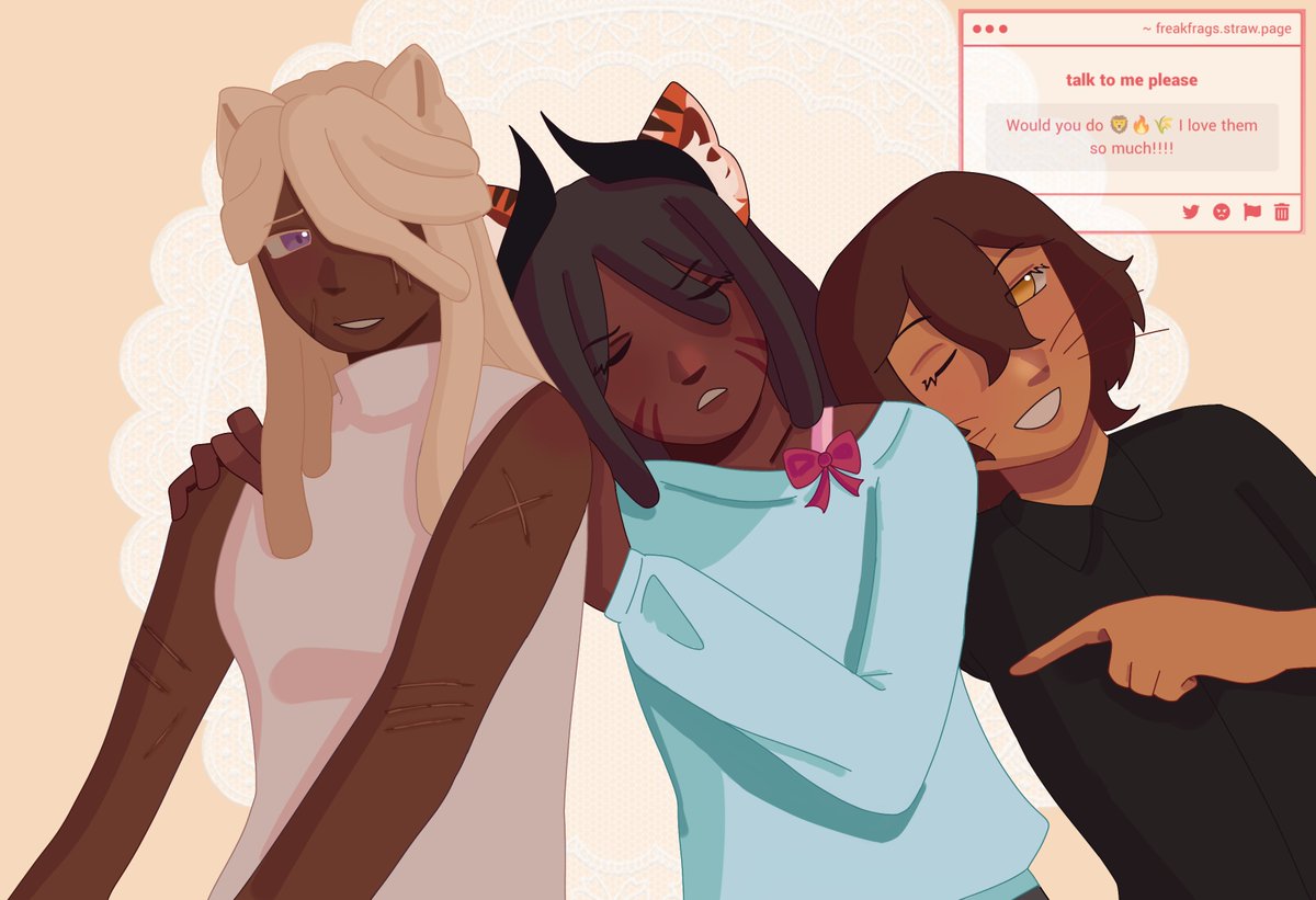 freakfrags's tweet photo. 🦁🔥🌾 my babies.... 🥹🥹🥹  this is them getting ready for bed they're all in pjs bcuz i couldnt be bothered drawing proper outfits for three people 😿
꒰ https://t.co/5GMTmiA1Ie ꒱
#bbtwt https://t.co/gz62JJyn2C