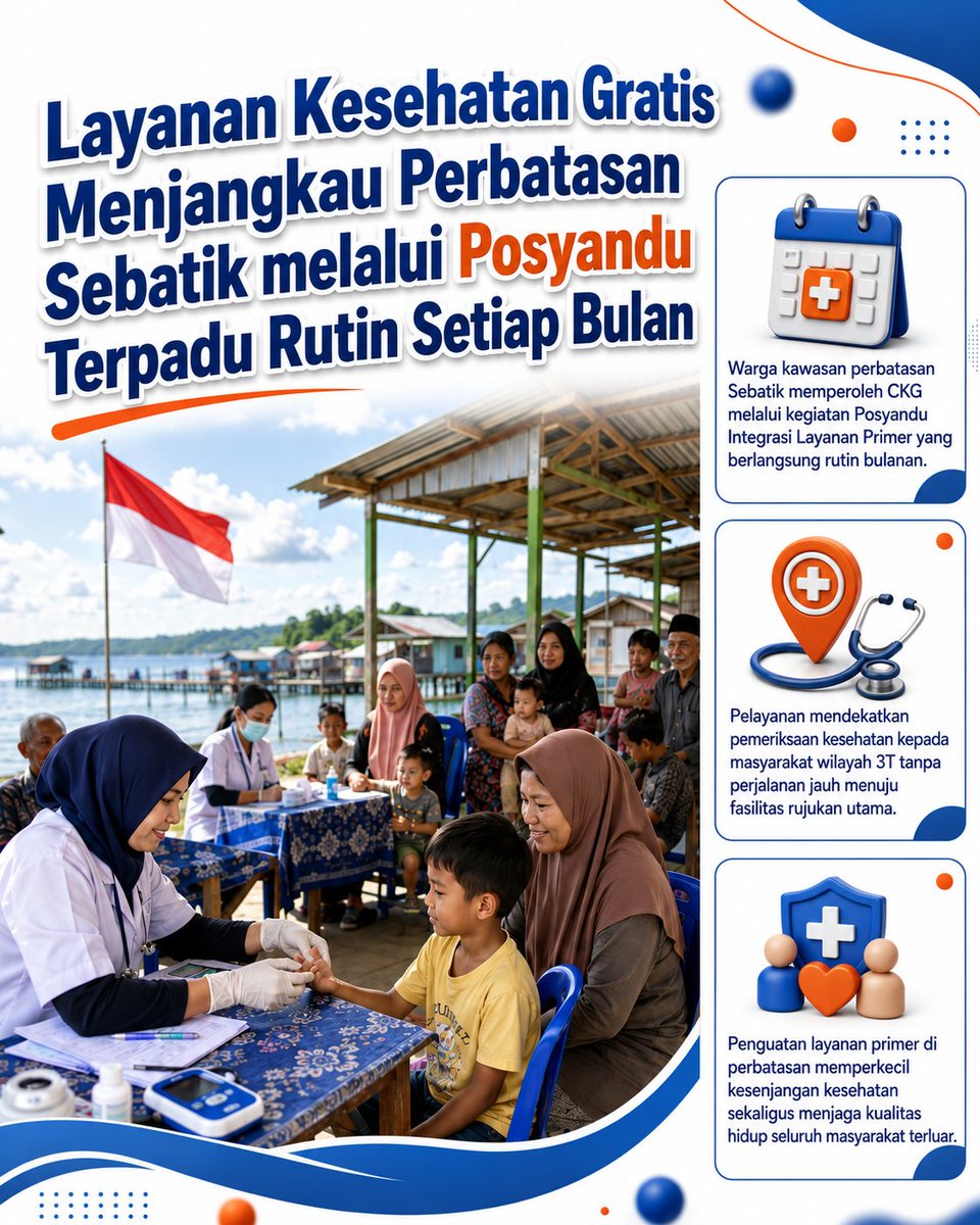 adeevahsn's tweet photo. Layanan kesehatan rutin kini makin dekat buat saudara kita di Sebatik. Semua bisa cek kesehatan gratis dengan mudah!
#jagaindonesia #PosyanduTerpadu #IndonesiaSehat #BeritaViral #KesehatanGratis https://t.co/5BaJAImqiu