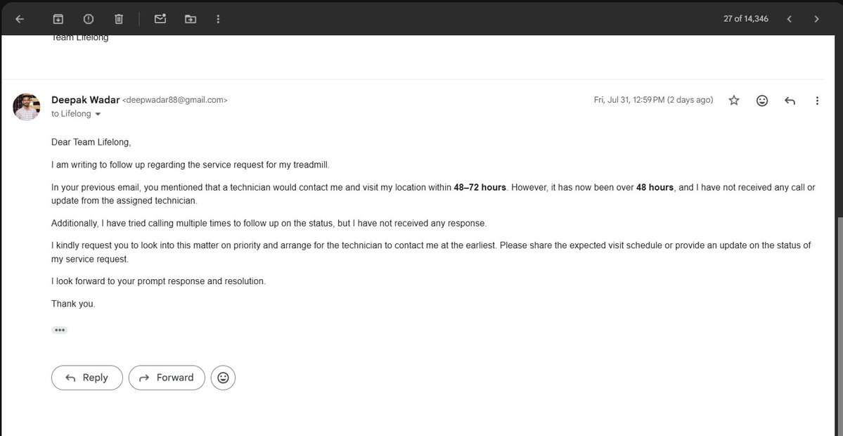 deepakwadar1902's tweet photo. Very disappointed with @LifelongOnline customer service. U promised a technician visit within 48–72 hours, but it's been 5 days &amp; no technician has visited yet. Although ur team responded to my calls, the issue is still unresolved with no service provided. Plz resolve this. https://t.co/0aOgX0WpQT