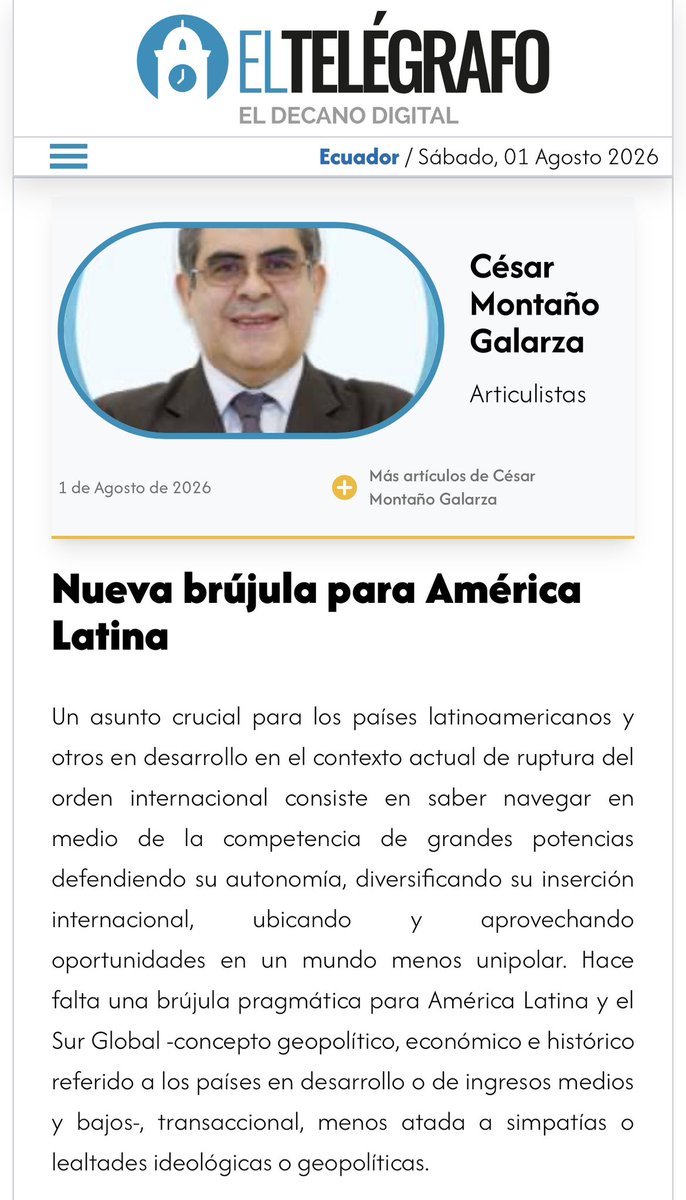 cesarmontanog's tweet photo. 📌Comparto mi columna de opinión: “Nueva brújula para América Latina”. Ruptura del orden mundial y competencia entre potencias exigen que América Latina cuente con estrategia renovada.
@el_telegrafo #AméricaLatina #NoAlineamientoActivo
@uasbecuador
👉🏼 https://t.co/co3uoBHqiv https://t.co/hq6E0g1vc8