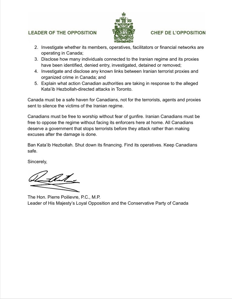 PierrePoilievre's tweet photo. Conservatives are calling on the government to immediately ban Kata’ib Hezbollah as a terrorist entity.

This group, with close ties to the IRGC, has claimed responsibility for recent attacks on the U.S. consulate and synagogues.

Every Canadian deserves a government that protects our communities by banning terrorists that seek to cause our people harm, so we can all live and worship in peace and freedom.

Sign here to ban Kata’ib Hezbollah: https://t.co/0xUU0XKQnn
