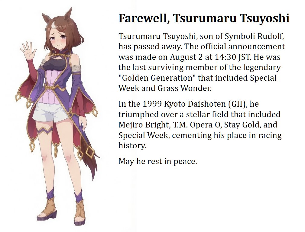 Pyrrhixz's tweet photo. Tsurumaru Tsuyoshi has passed away at the age of 31. The final surviving member of the Golden Generation. The same generation that included Special Week and Grass Wonder 

Another memorable name for those who loved both Japanese Horse Racing and became fans through #umamusume
RIP https://t.co/ge7bBax65v