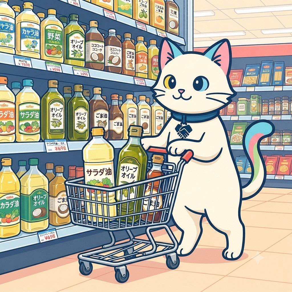 oneneko_38's tweet photo. みんな、おはよ～🌞

今日は「#油の日」

ワンネコ🐈のところは、キルクルス🎀さんが健康を意識して、「オリーブオイル」を買っていたんだけど・・・

物価高で仕方なく、普通の油になっちゃった🤣

でも、必要だから、買うんだけどね🤔

#ワンネコのつぶやき
#ネコ好きと繋がりたい
#朝活
#AIイラスト https://t.co/bzmi2DOsRk
