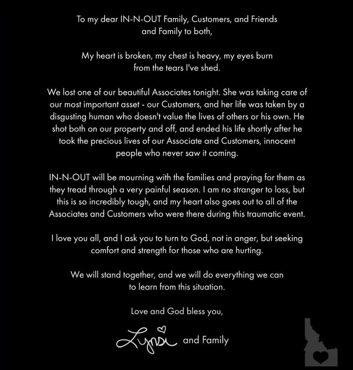MAGAVoice's tweet photo. I am in tears. The owner and President of In N Out just said “I love you all and I ask you to turn to God”

Such a heartbreaking day. Pray for the families 🙏 https://t.co/6LgB1j9gje