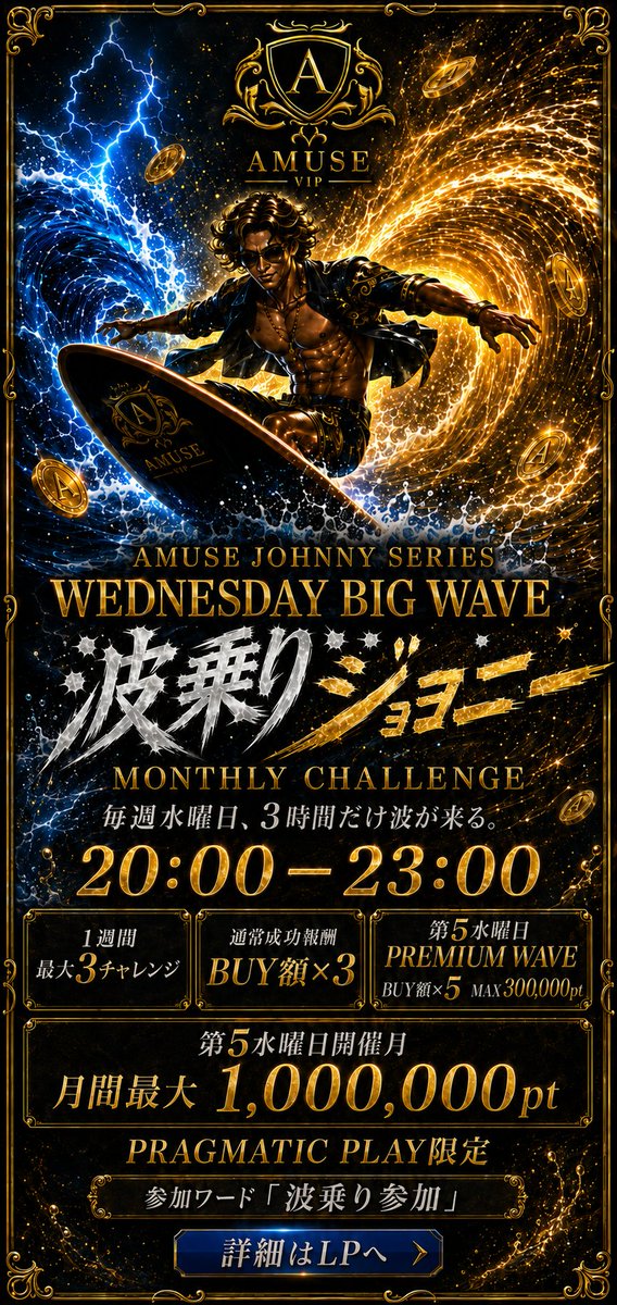 DSC_Kagemusha's tweet photo. 🌊 JOHNNY IS BACK—EVERY WEDNESDAY! 🏄
WEDNESDAY BIG WAVE hits AMUSE VIP from 20:00–23:00 JST.
Up to 3 challenges per week.
Success reward: BUY amount ×3.
5th Wednesday: PREMIUM WAVE—BUY amount ×5, max 300,000pt.
Ride the wave👇
https://t.co/7TaCiZKy83
#AMUSEVIP https://t.co/Zc5iYEK2py