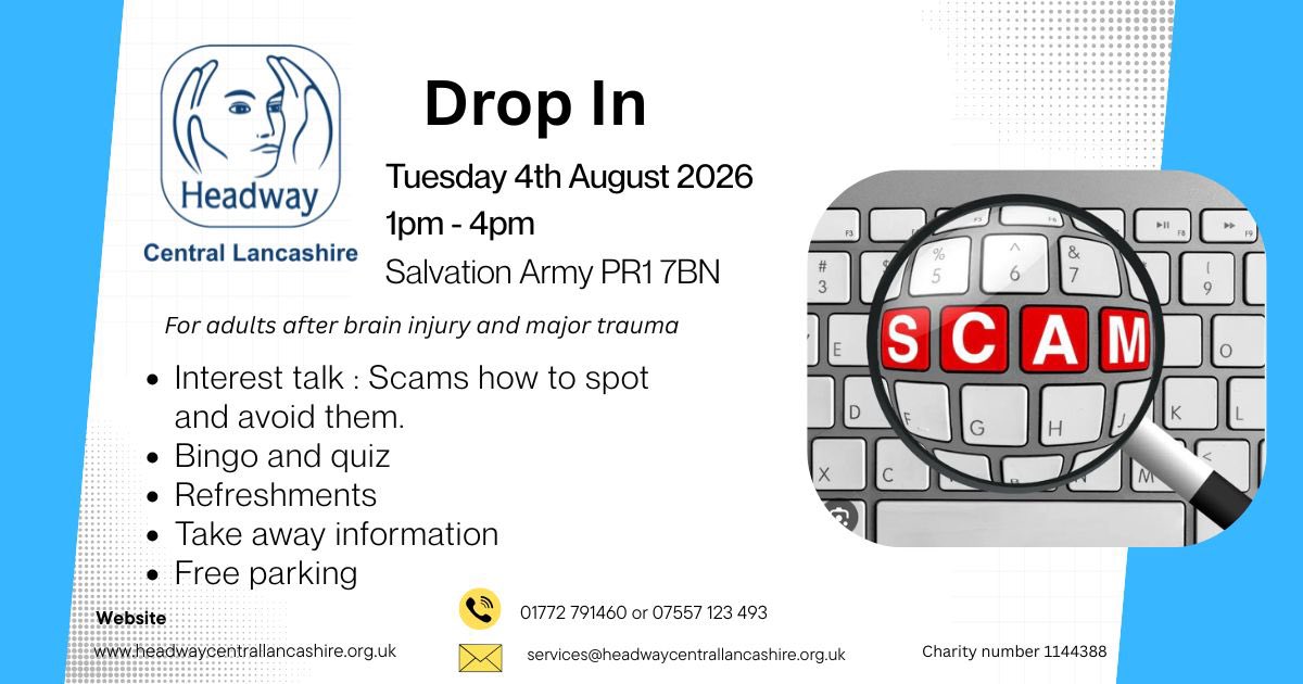 HeadwayCL's tweet photo. ⭐️We are looking forward to the Drop In on Tuesday 4th August.
We will be talking about scams and what to do if this happens to you.
Followed by bingo and a quiz!
No booking required.
For adults after brain injury and major trauma. https://t.co/pXxwopSDW5