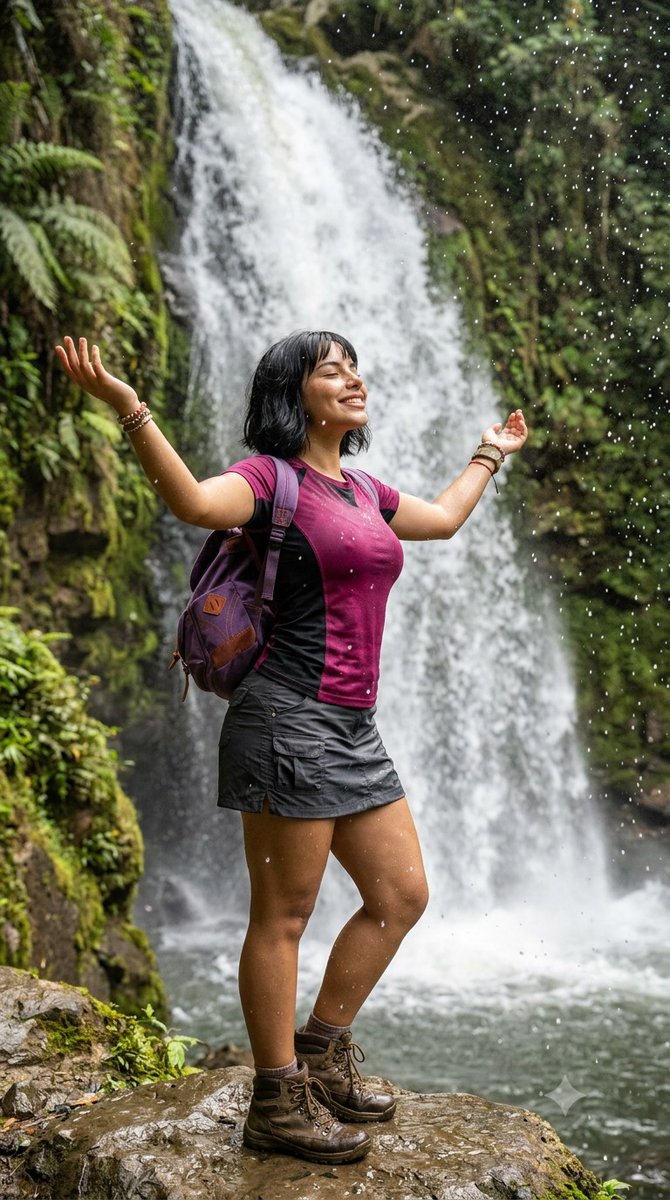 davidvega871106's tweet photo. #90sCartoon #DoraTheExplorer #DoraLaExploradora Adult Version #Jungle #AdventureOutfit #Latina #Young #Cute #Beautiful #AIArt #CharacterRedesign #ChildhoodRedesign ShortHair BrownHair PinkShirt Shorts Boots Cascada Waterfall con Gemini https://t.co/e7vT7VqEvJ