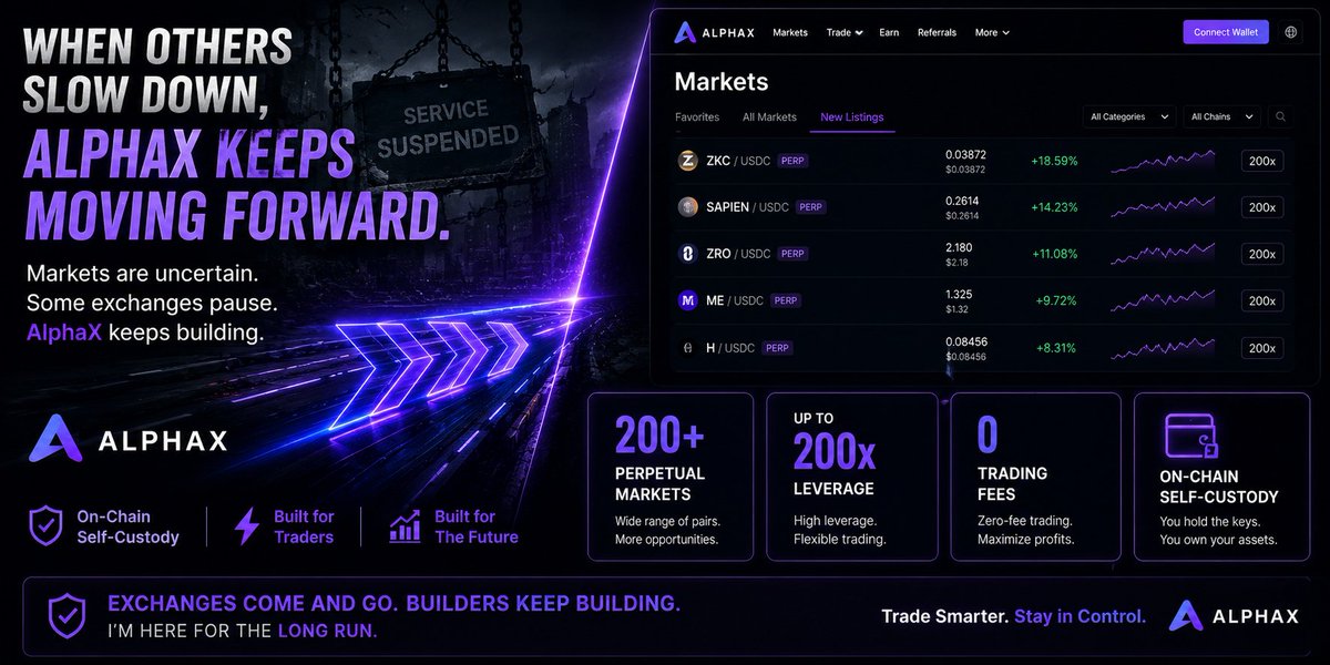 Henryaplis's tweet photo. Exchanges shutting down, market bleeding, everyone's nervous.
Meanwhile @AlphaX_DEX just dropped more new perp listings this week. Zero fees. Like nothing happened.
In a market where platforms are going dark, I'm watching who's still shipping:
New trading pairs every week, 200+ active markets, up to 200x leverage, zero fee trading still live, all assets on chain, in MY wallet
Actions speak louder.
#AlphaX