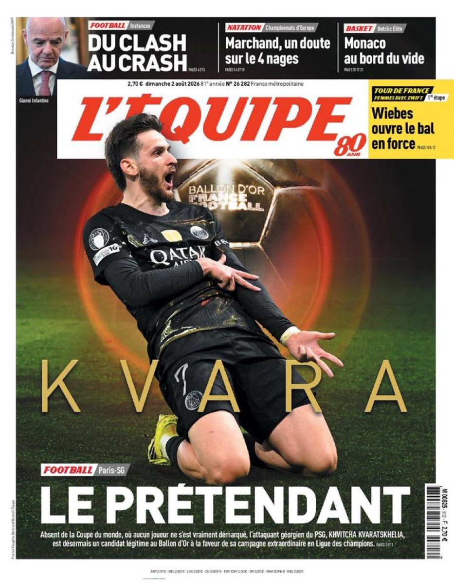 ActuFoot_'s tweet photo. « K V A R A

LE PRÉTENDANT » 🇬🇪

La UNE de @lequipe 🗞️ ce dimanche. 🌕 https://t.co/IbZgrmaOpy