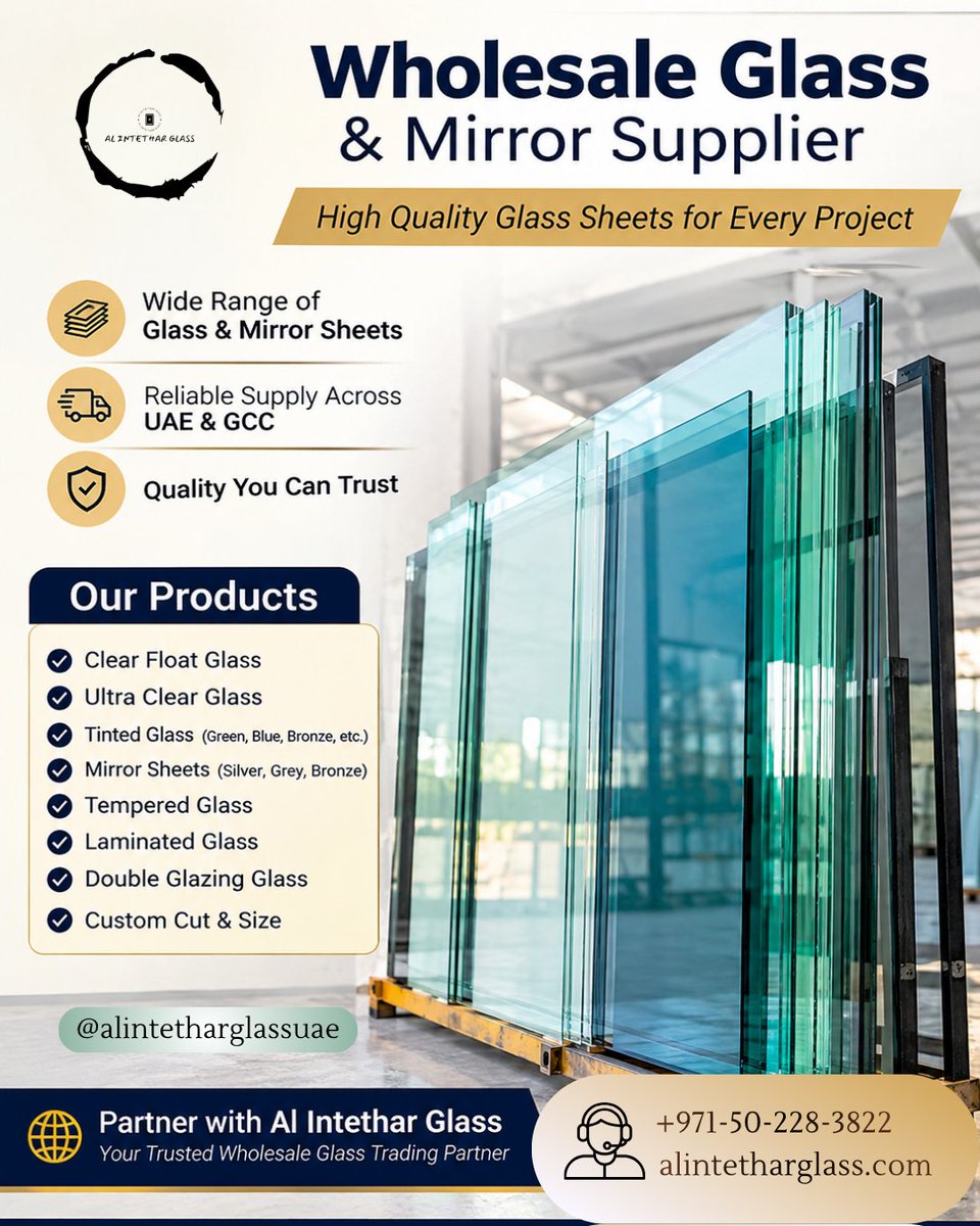 Alintharglass's tweet photo. Wholesale Glass- High Quality Glass sheets for Every Project.
#ClearGlass | #FlutedGlass | #AntiqueMirror | #BlackGlass | #GreyGlass | #ChinaGlass
+971 50 228 3822 @alintetharglassuae
https://t.co/p0FLeL2Ngj
#alintetharglassuae #mirrorwork #mirrormirror #glassworkshop #mirror https://t.co/Ek3ZpvW7pQ