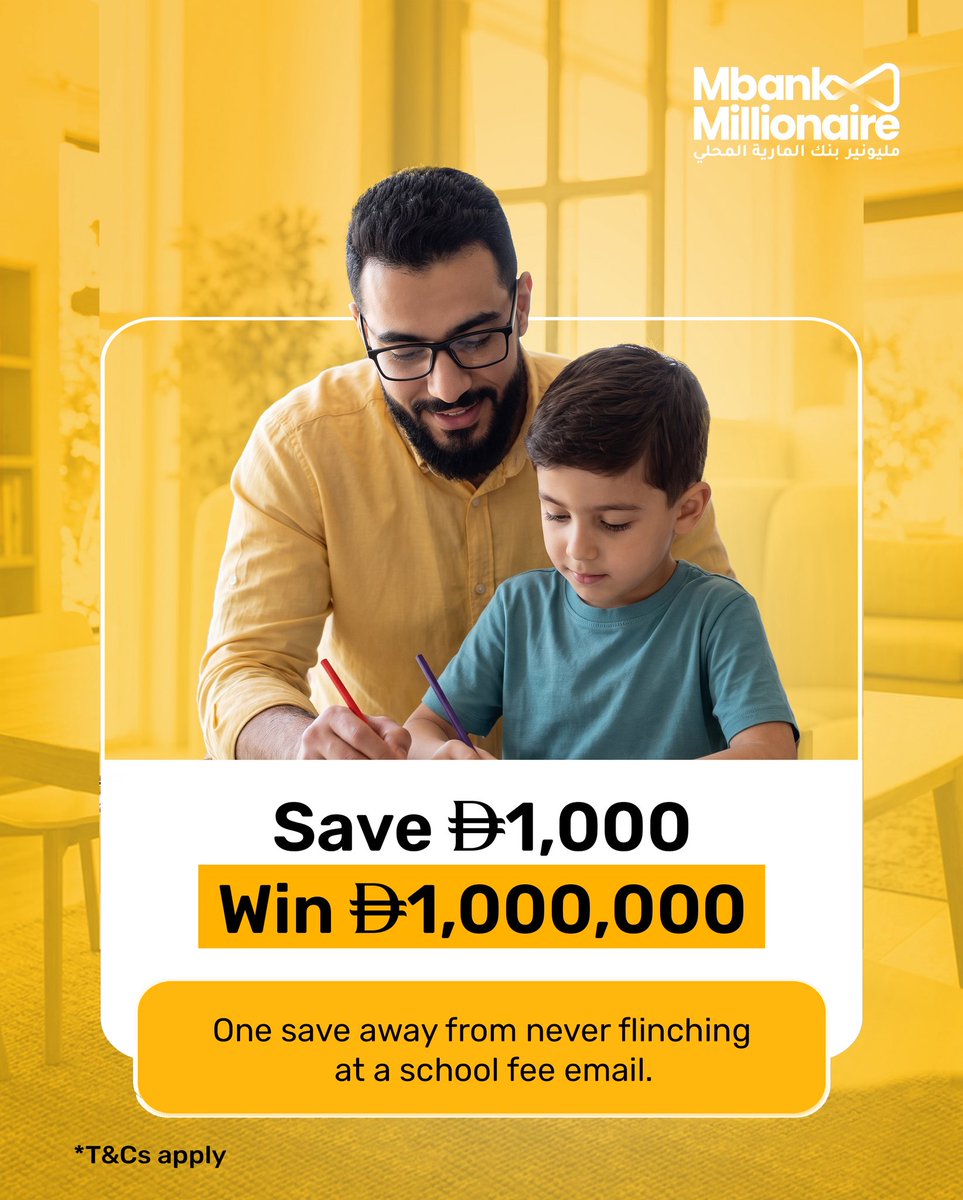 almaryahbank's tweet photo. قد تكون الرسوم الدراسية التي تخطط لها في ميزانيتك كل فصل دراسي فرصتك للتفكير بطموح أكبر.

ادّخر 1,000 درهم إماراتي أو أكثر في حساب التوفير لدى بنك المارية المحلي لتحصل على فرصة للفوز بمليون.

*تُطبق الشروط والأحكام.
للمزيد من المعلومات: https://t.co/l8hOqgNSrY

Those school fee  you've been budgeting for every term could be your chance to think bigger.

Save AED 1,000+ in your Mbank saving account for a chance to win AED 1,000,000 with the Mbank Millionaire.

*Terms and conditions  apply

For more information: https://t.co/FLX0CvKYx9

#MbankUAE #BankOnUs #DigitalBank #MbankMillionaire