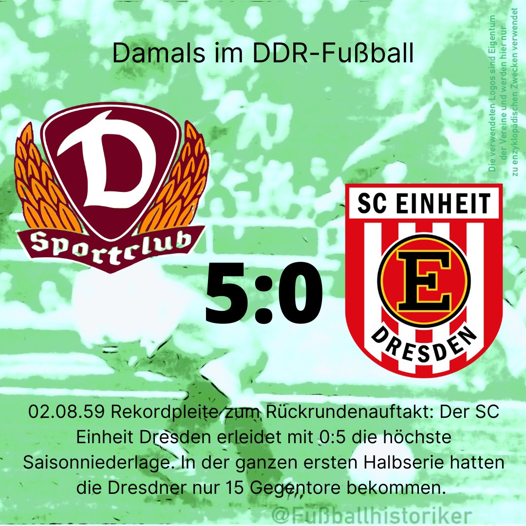 FussballDdr's tweet photo. 📌 02.08.59

Zum Rückrundenstart unterliegt der Tabellen-13. @DSC1898 dem @BFCDynamo mit 0:5.
Für die sieglosen Dresdner wird es die höchste Niederlage der Saison.

Nach dem Spiel stehen Rang 14, 8:20 Punkte und 9:20 Tore in Dresdens Bilanz, fünf der 20 Gegentore fielen in dieser einen Partie.

Ein Spiel belastet die Saisonbilanz besonders deutlich.

#DDRFußballkalender #DDR #Oberliga #Fußballgeschichte #DSC1898 #BFCDynamo #Rückrunde
